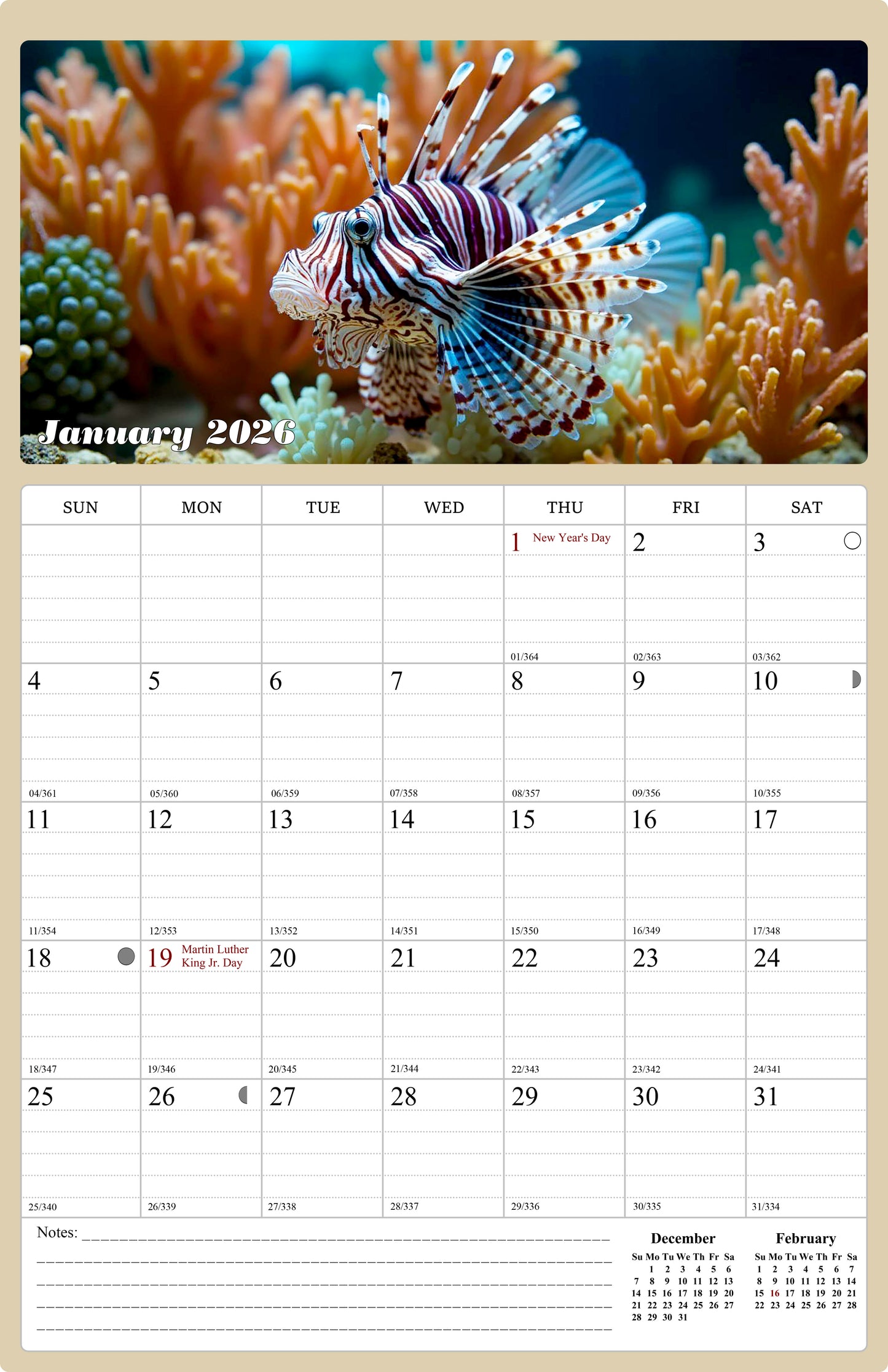 2026 Wall Calendar Spiral-bound Twin-Wire Binding - 12 Months Planner - Large Ruled Blocks with Julian Dates - (Tropical Fishes)