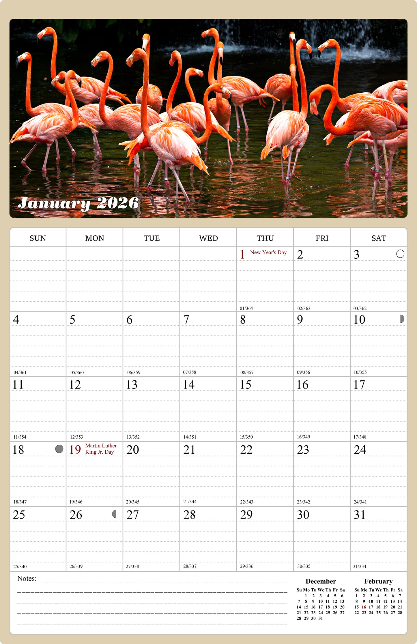 2025 - 2026 Wall Calendar Spiral-bound Twin-Wire Binding - 18 Months Planner - Large Ruled Blocks with Julian Dates - (Birds)