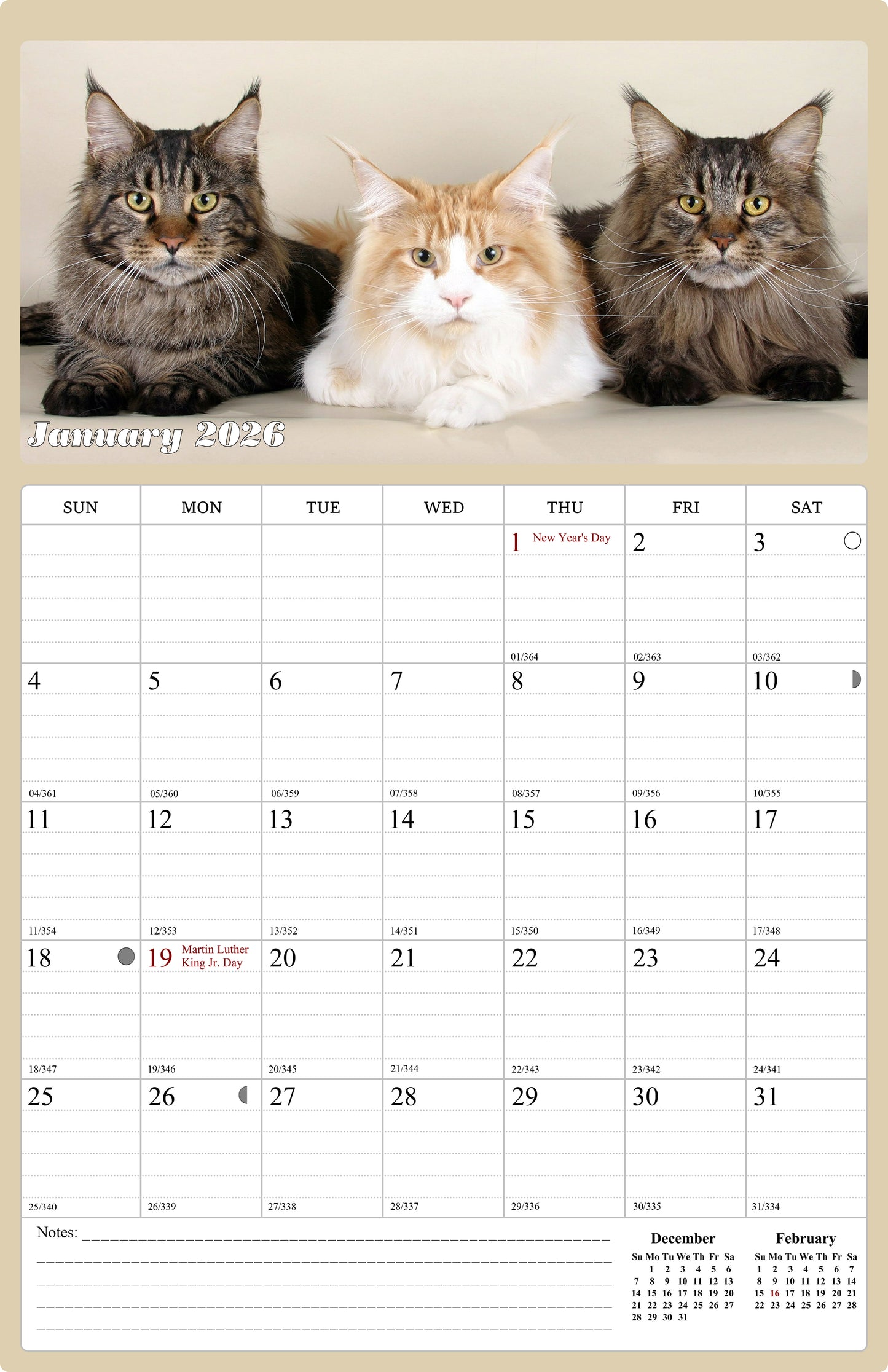 2025 - 2026 Wall Calendar Spiral-bound Twin - 18 Months (Cats) 11" x 17"