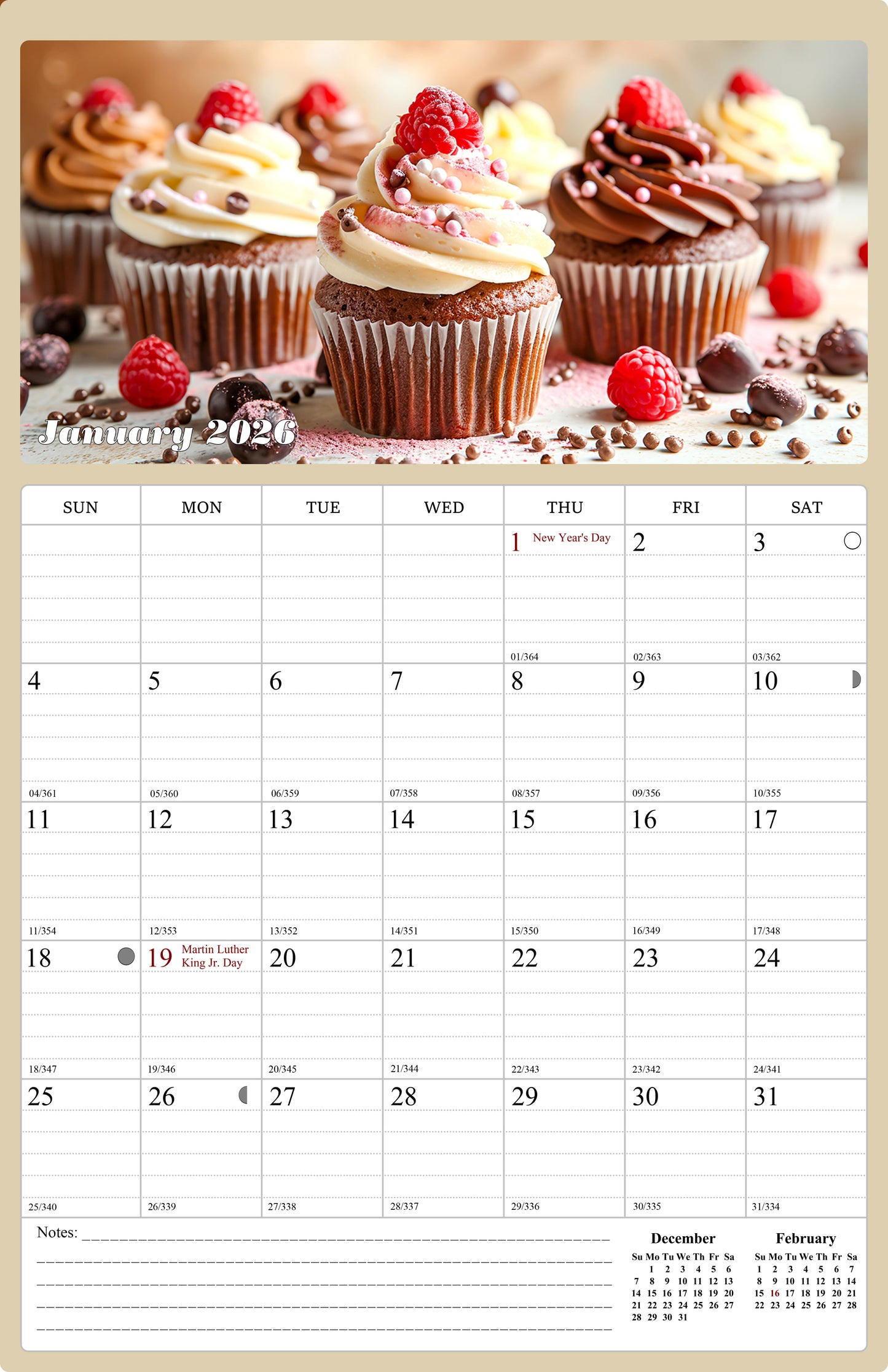 2026 Wall Calendar Spiral-bound Twin-Wire Binding - 12 Months Planner - Large Ruled Blocks with Julian Dates - (Cupcakes)