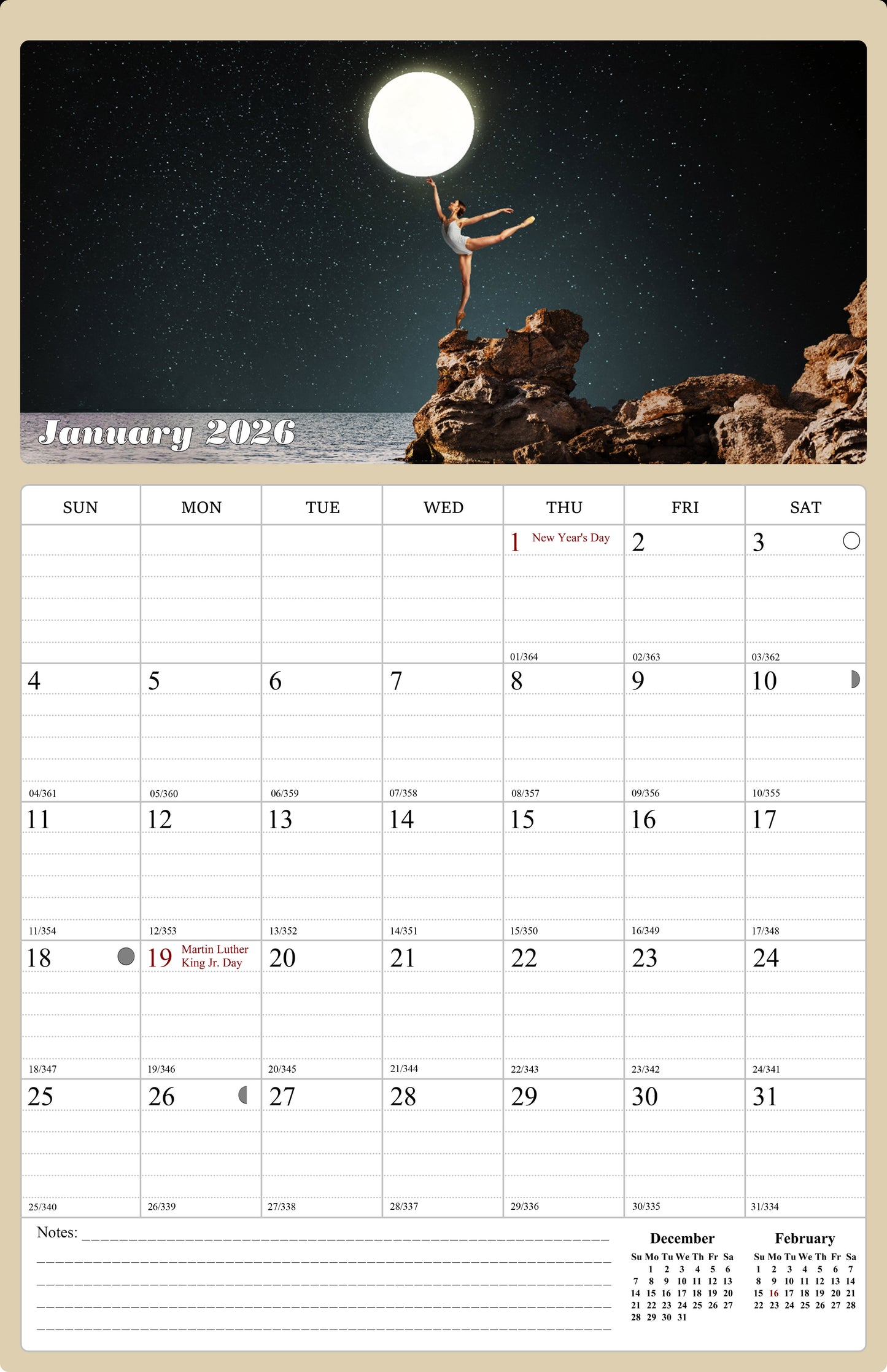 2026 Wall Calendar Spiral-bound Twin-Wire Binding - 12 Months Planner - Large Ruled Blocks with Julian Dates - (Lunar)