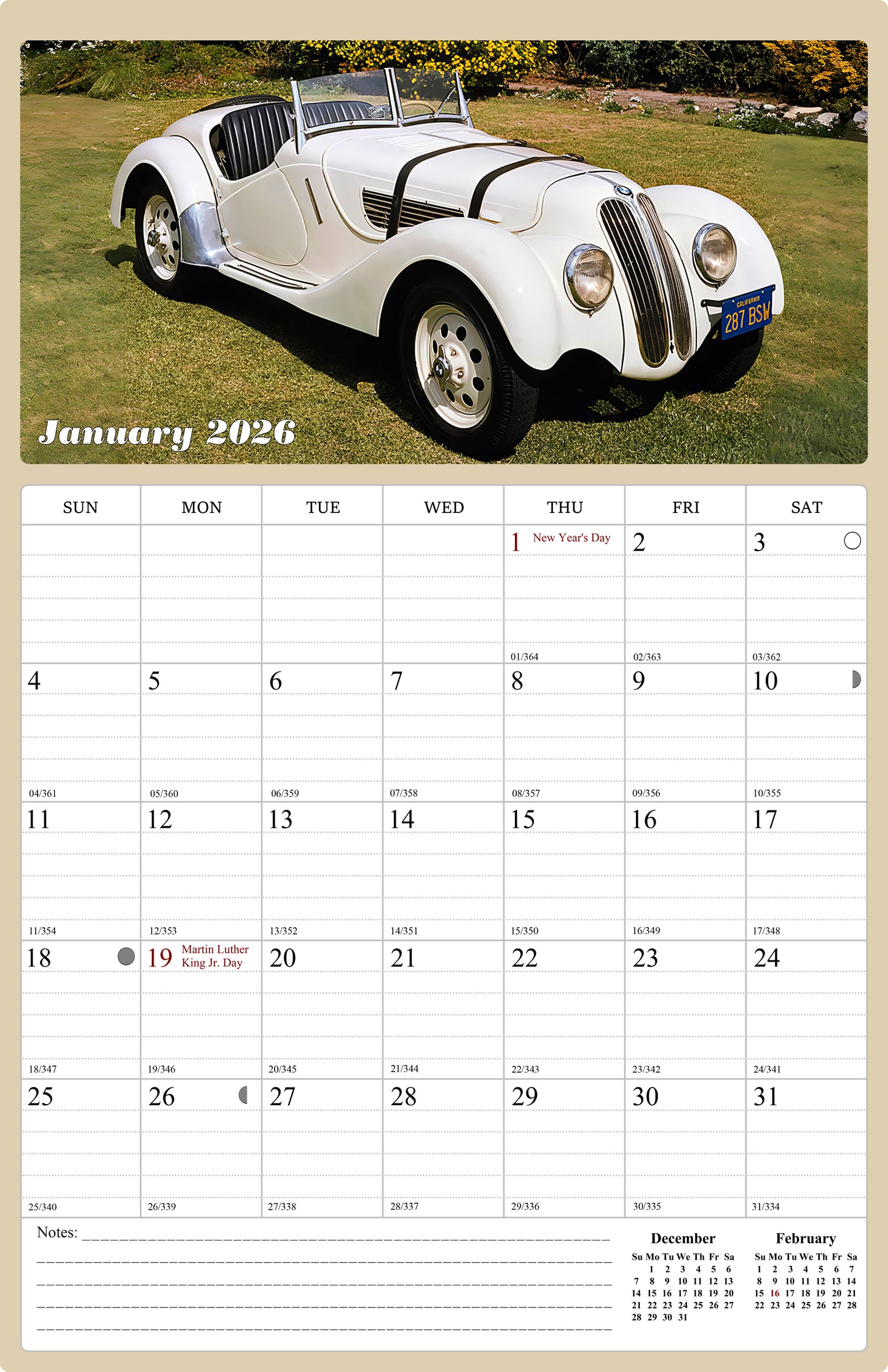 2025 - 2026 Wall Calendar Spiral-bound Twin - 18 Months (Classic Cars) 11" x 17"