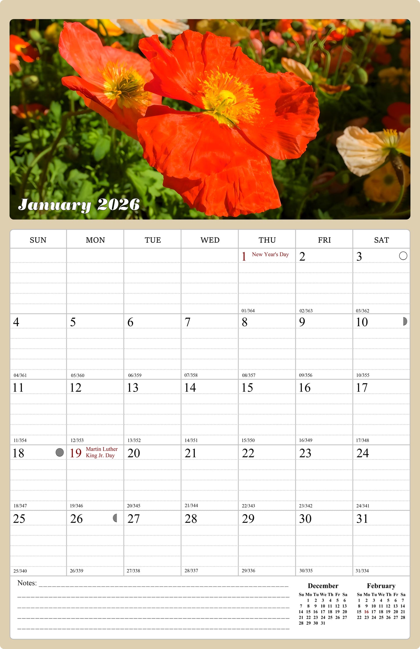 2025 - 2026 Wall Calendar Spiral-bound Twin - 18 Months (Flowers) 11" x 17"