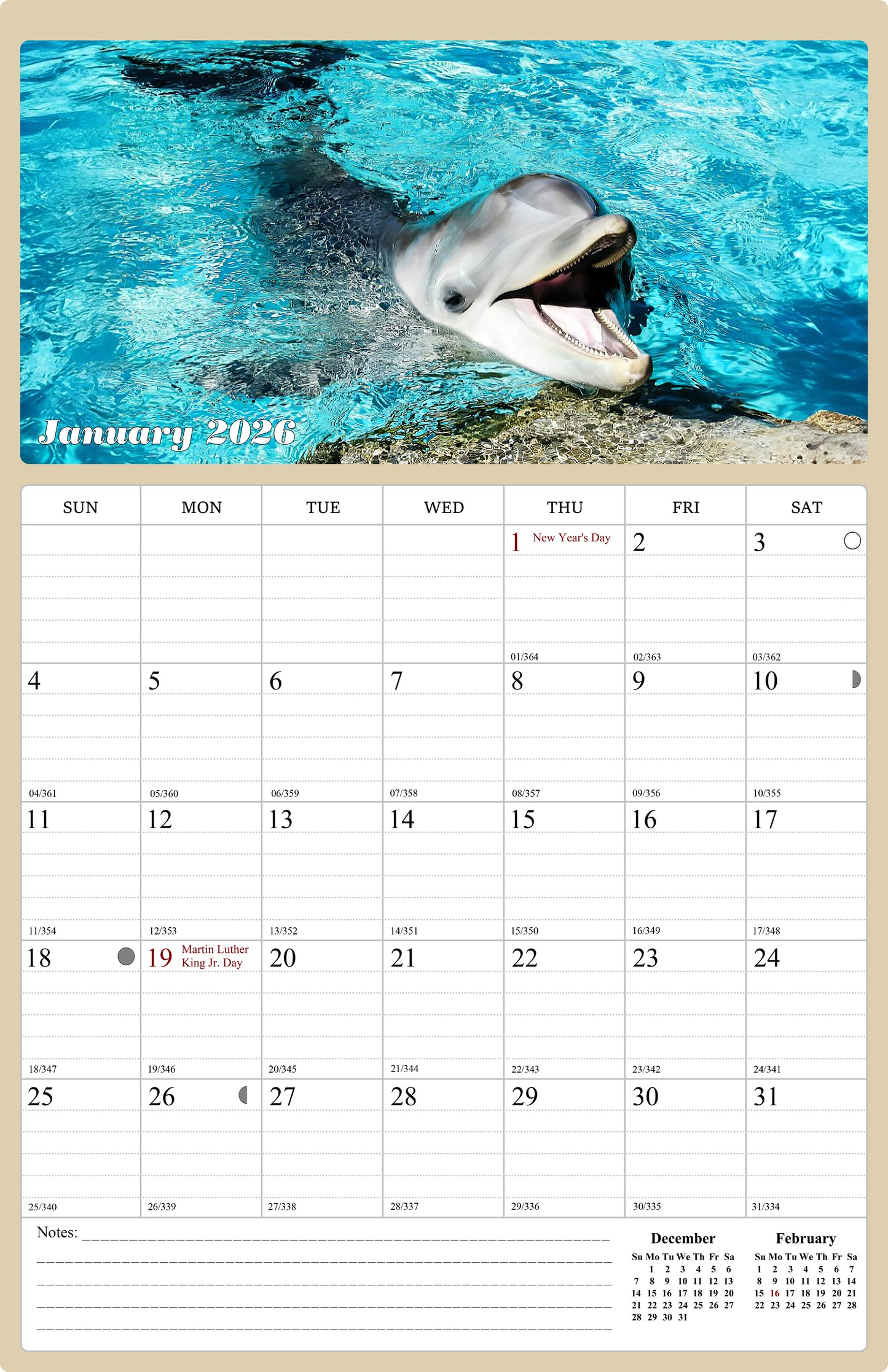 2026 Wall Calendar Spiral-bound Twin-Wire Binding - 12 Months Planner - Large Ruled Blocks with Julian Dates - (Dolphins)