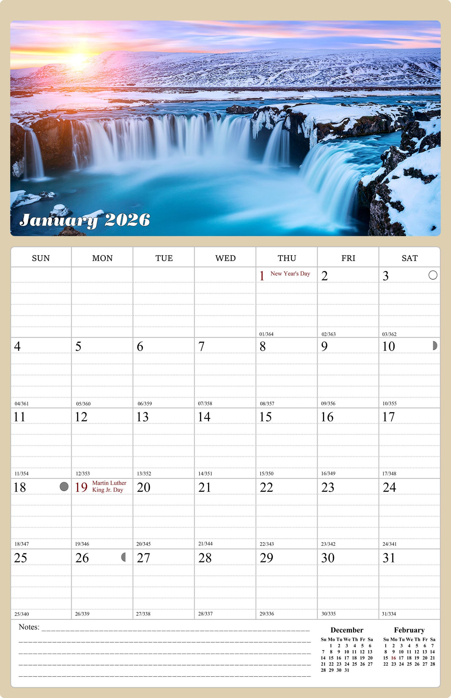 2026 Wall Calendar Spiral-bound Twin-Wire Binding - 12 Months Planner - Large Ruled Blocks with Julian Dates - (Sunset&Sunrise)