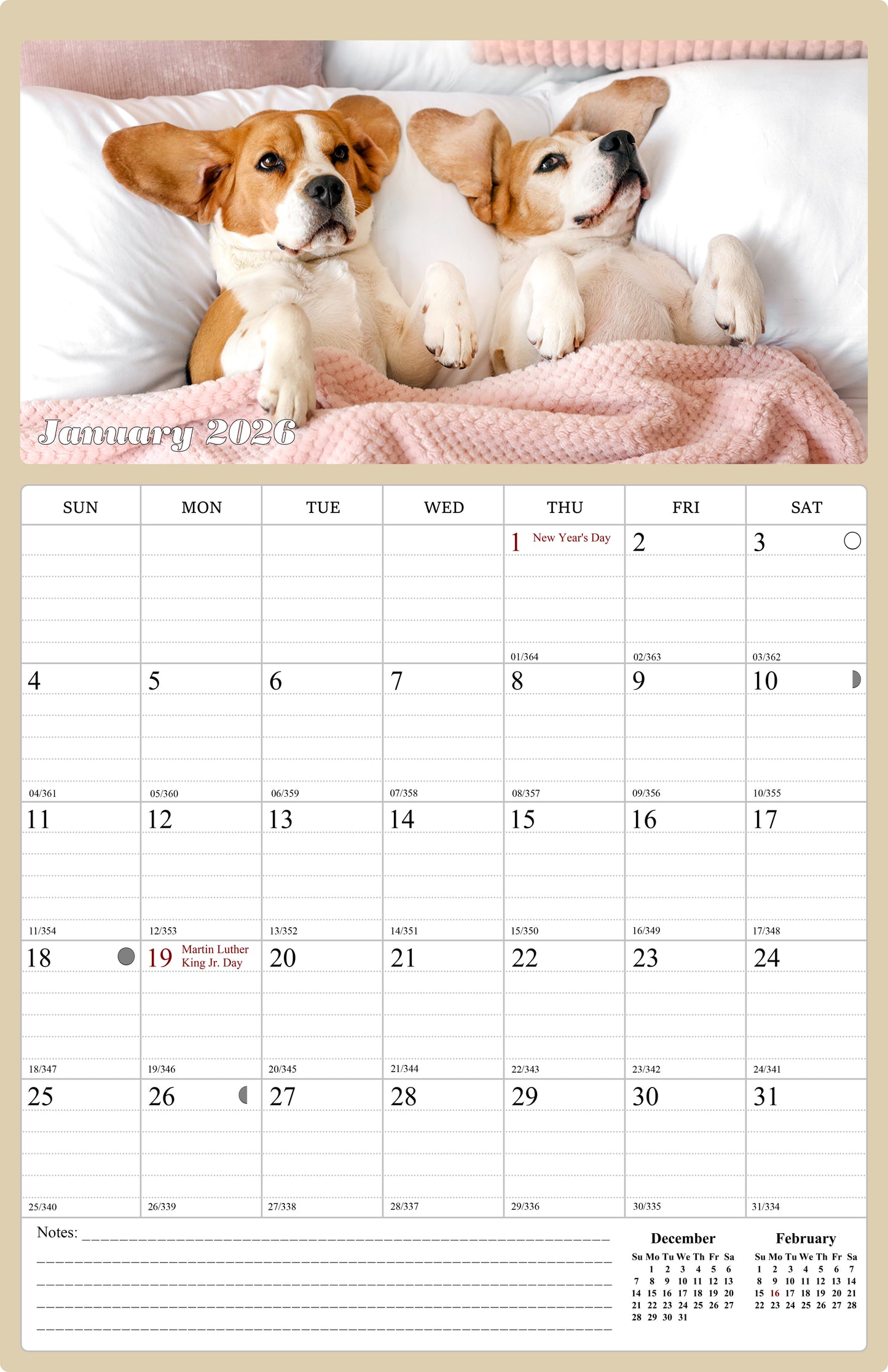 2025 - 2026 Wall Calendar Spiral-bound Twin - 18 Months (Dogs) 11" x 17"
