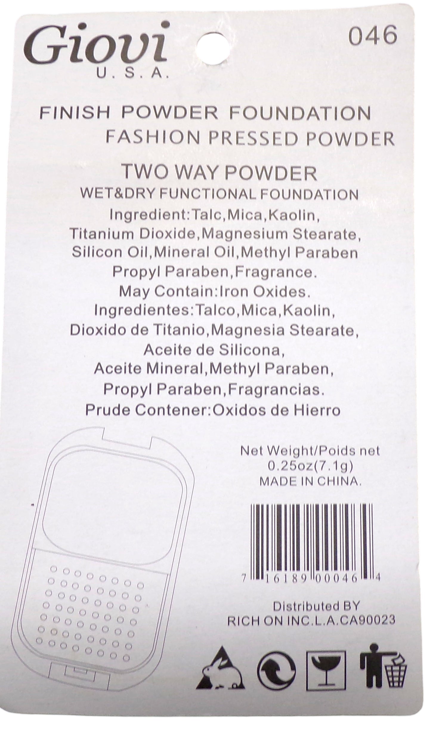 Giovi U.S.A. Powder Foundation with Mirror. Two Way Powder. 0.25 oz