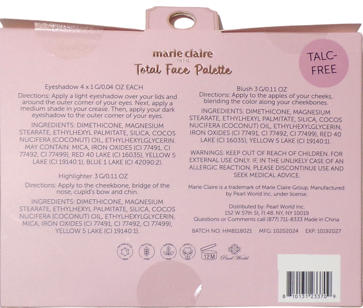 Marie Claire Paris Natural Charm Total Face Palette~Highlighter~Eyeshadow~ Blush