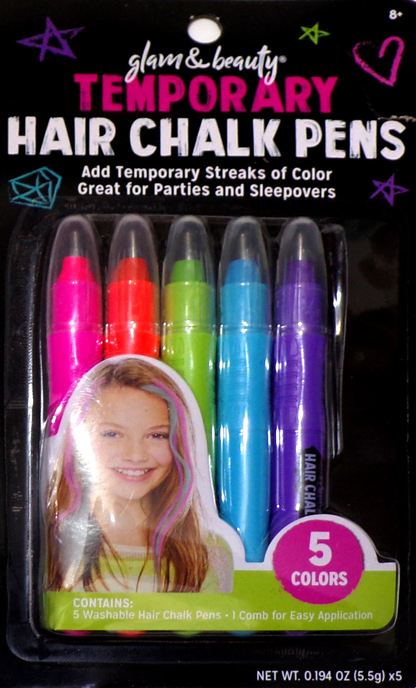 Glam & Beauty Temporary Hair Chalk Pens 5 Colors - Hair Beauty Fun- New