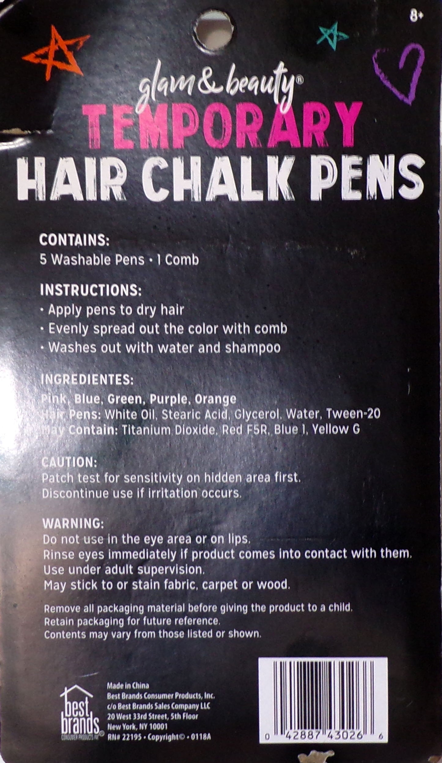 Glam & Beauty Temporary Hair Chalk Pens 5 Colors - Hair Beauty Fun- New