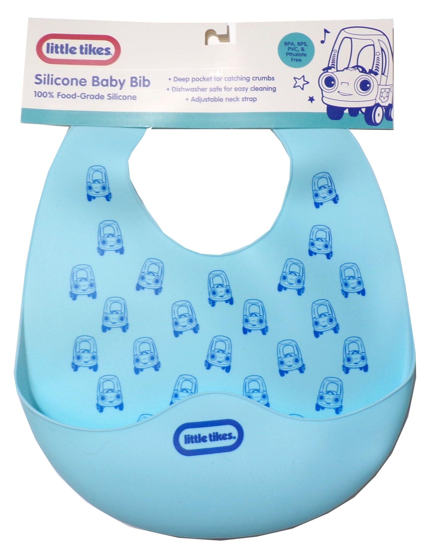 LITTLE TIKES Blue Silicone BABY BIB Deep Pocket & Adjust. Strap BPA+Phthal. Free