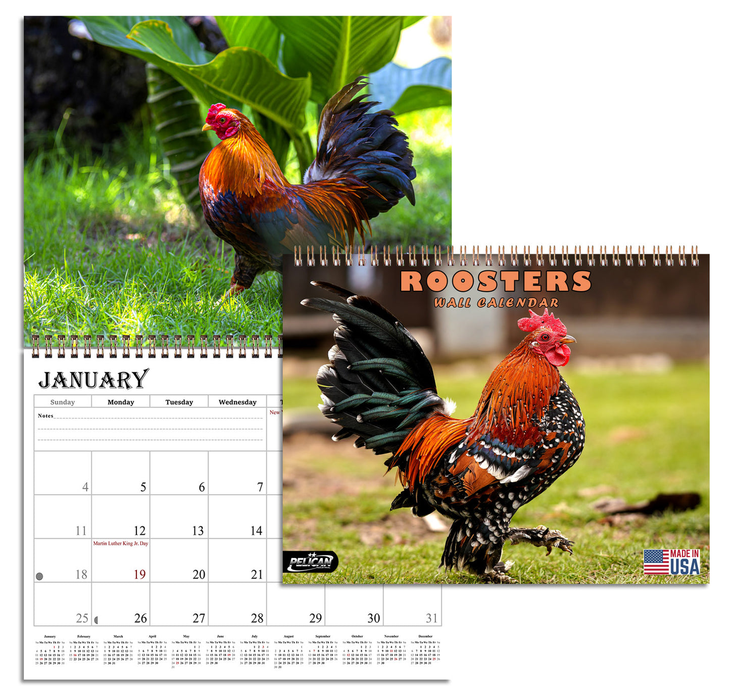 2026 Spiral-bound Wall Calendar (Roosters) - 12 Months Desktop/Wall Calendar/Planner