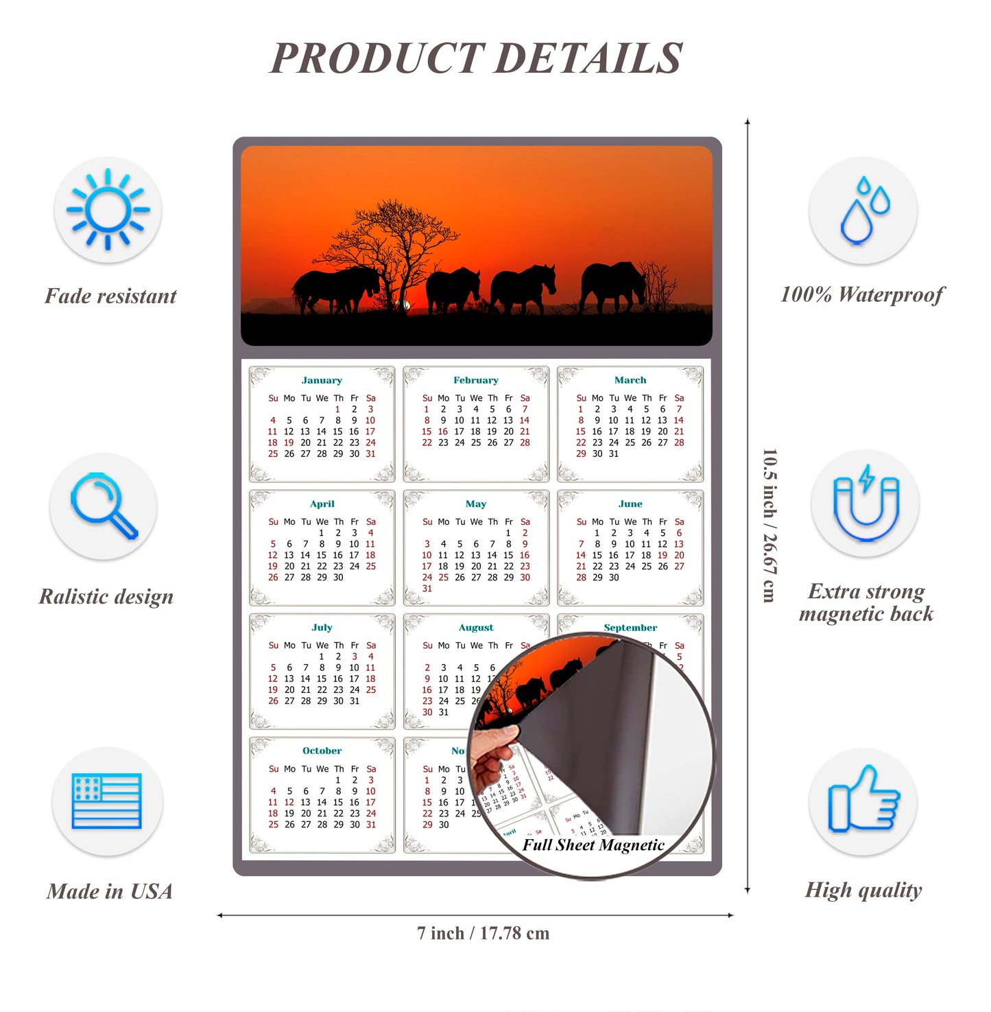 2026 Magnetic Calendar - Calendar Magnets - Today is my Lucky Day - (Fade, Tear, and Water Resistant) - Horses Themed 011
