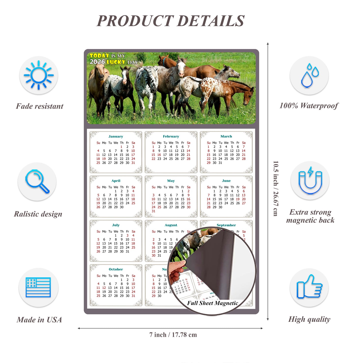 2026 Magnetic Calendar - Calendar Magnets - Today is my Lucky Day - (Fade, Tear, and Water Resistant) - Horses Themed 02