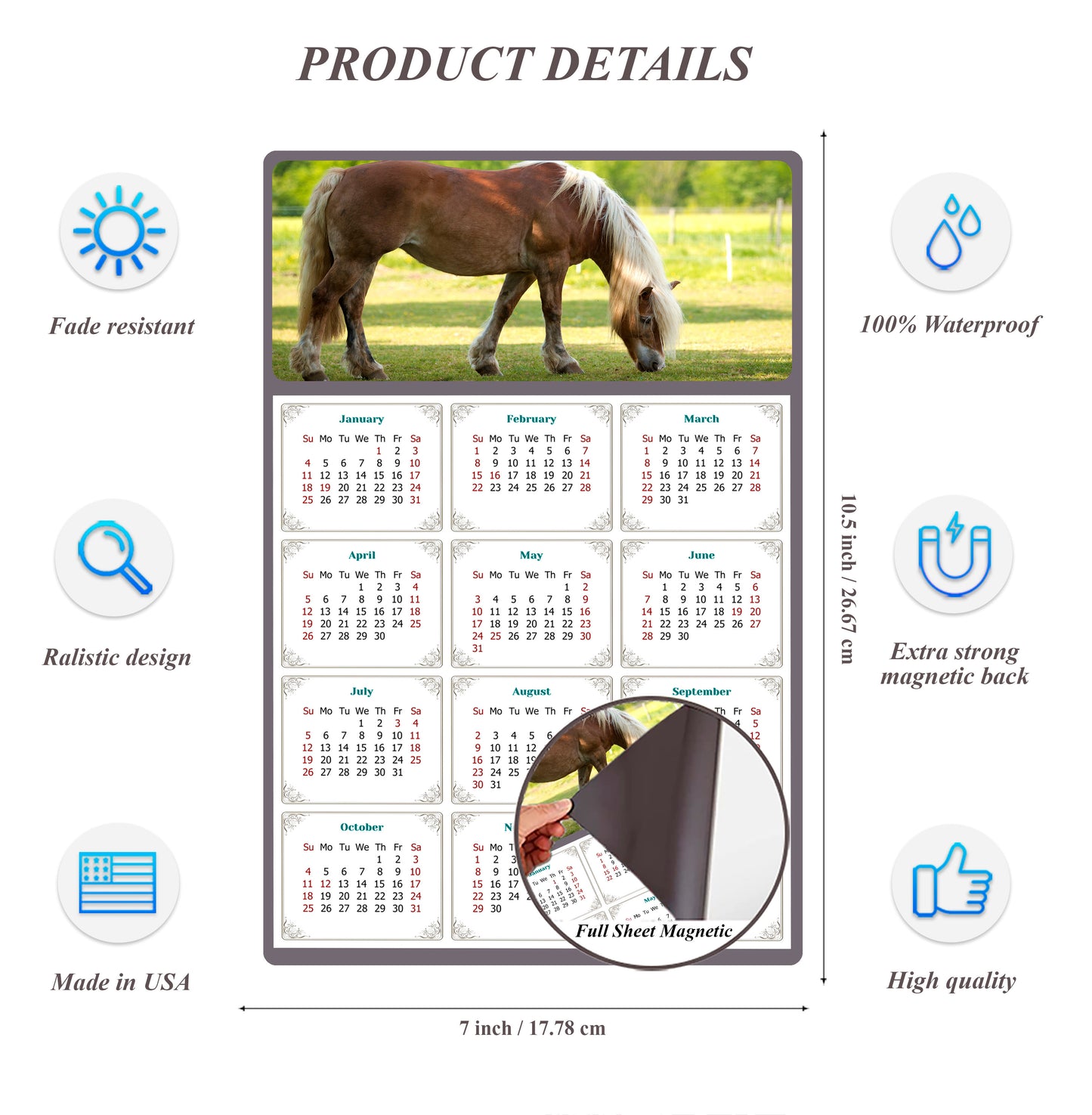 2026 Magnetic Calendar - Calendar Magnets - Today is my Lucky Day - (Fade, Tear, and Water Resistant) - Horses Themed 016
