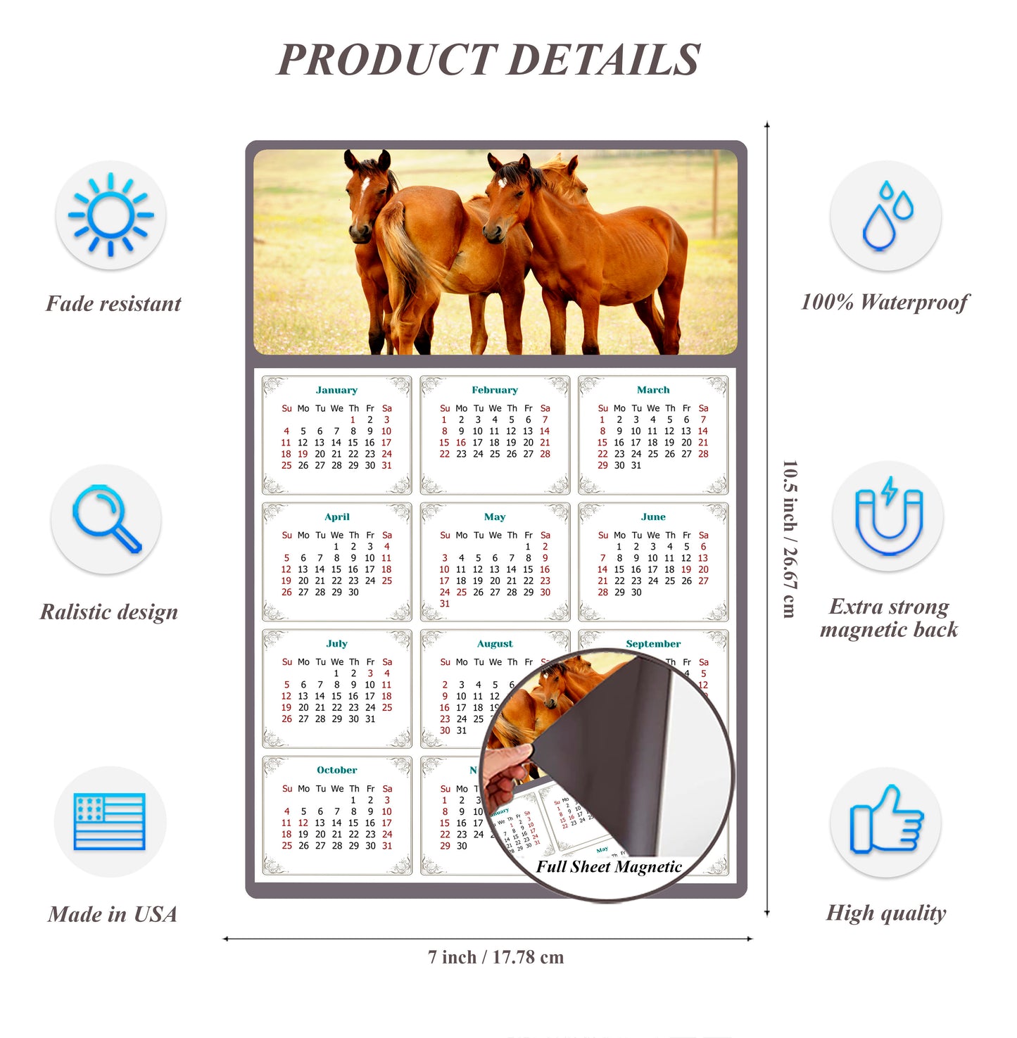 2026 Magnetic Calendar - Calendar Magnets - Today is my Lucky Day - (Fade, Tear, and Water Resistant) - Horses Themed 014