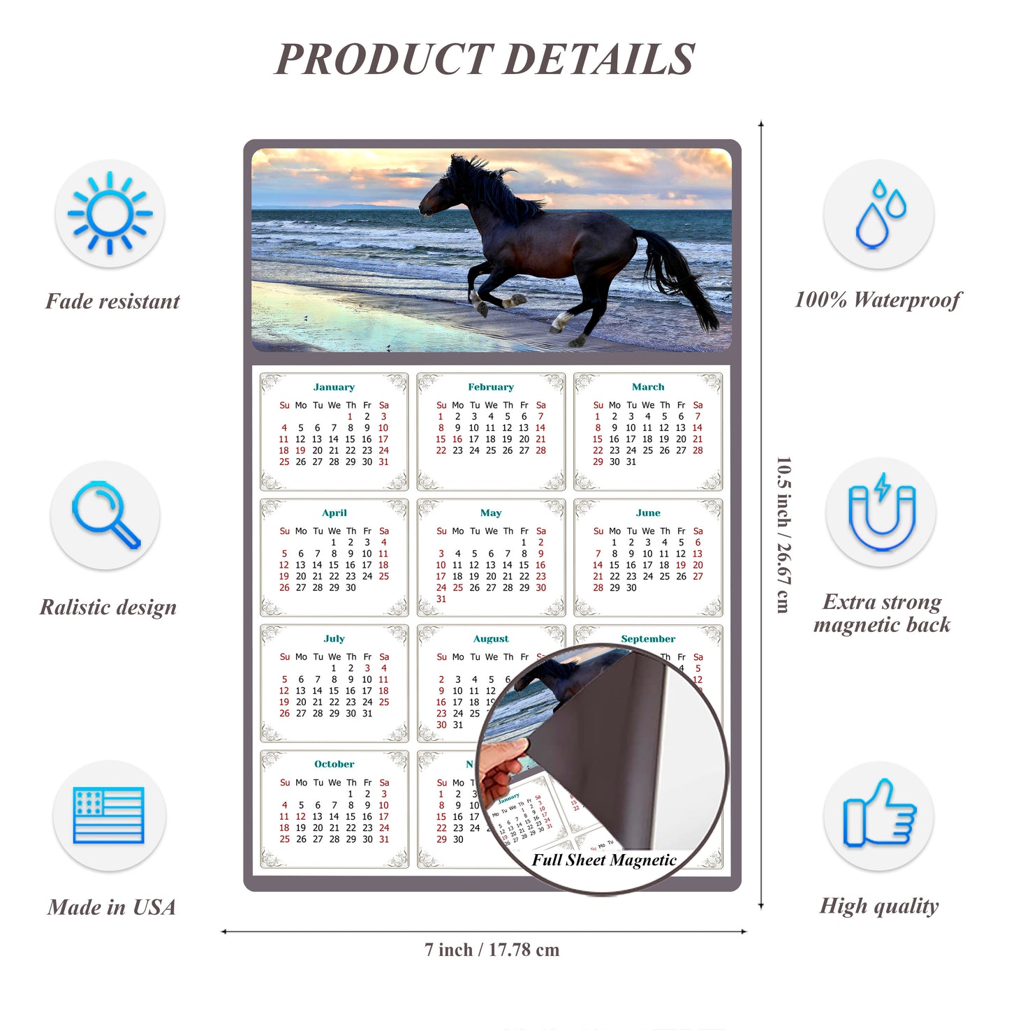 2026 Magnetic Calendar - Calendar Magnets - Today is my Lucky Day - (Fade, Tear, and Water Resistant) - Horses Themed 015