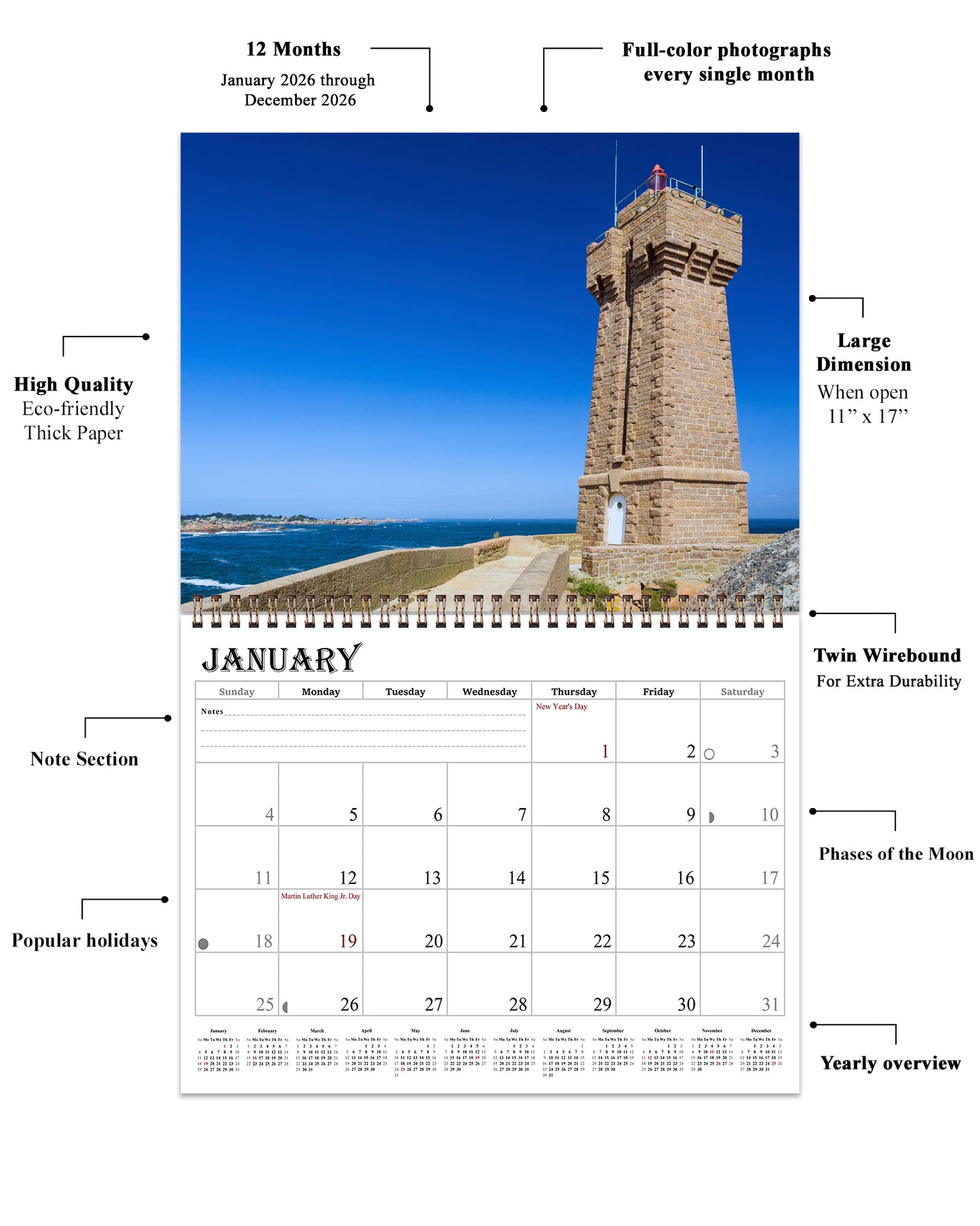 2026 Spiral-bound Wall Calendar (Lighthouses) - 12 Months Desktop/Wall Calendar/Planner