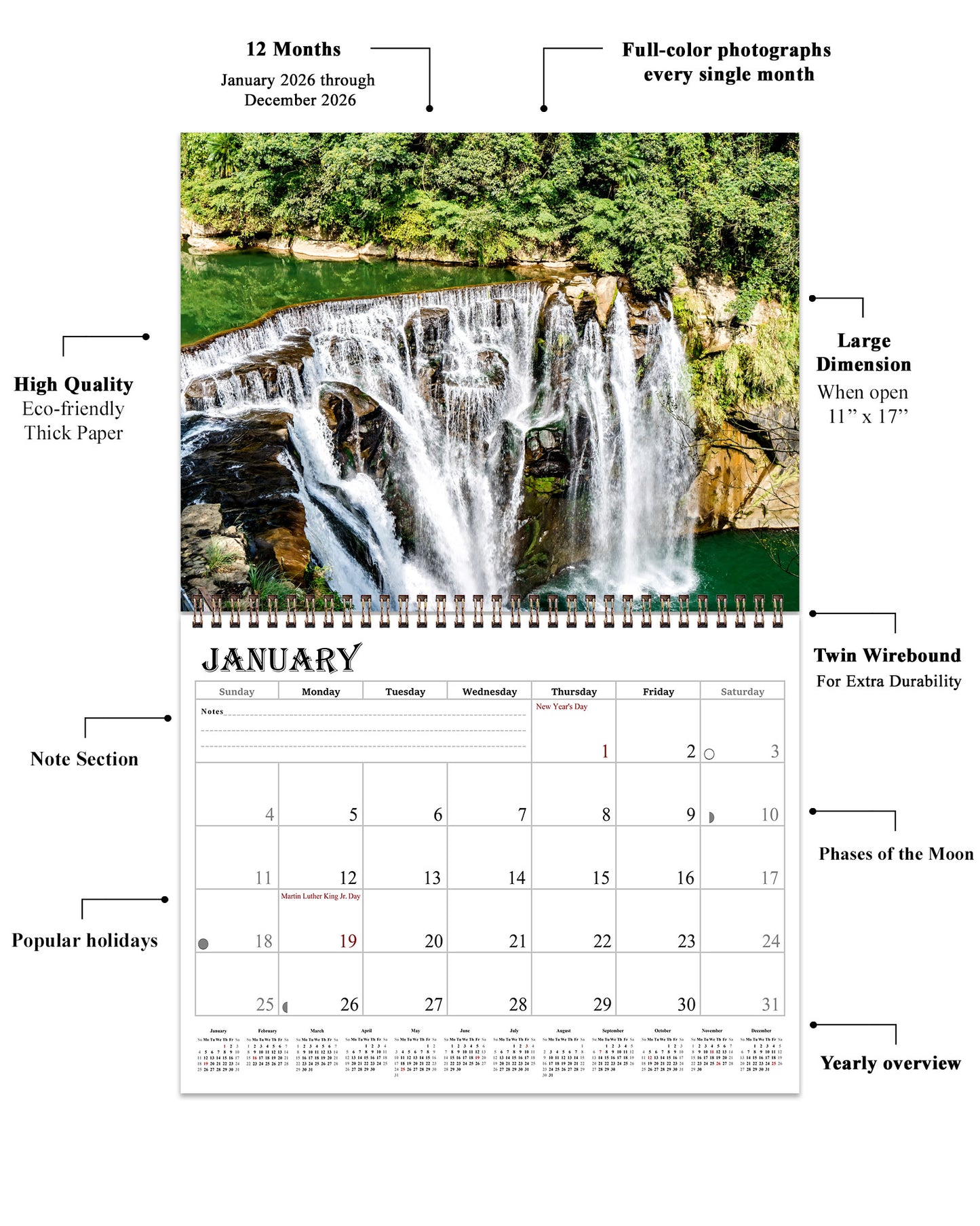 2026 Spiral-bound Wall Calendar (Waterfalls) - 12 Months Desktop/Wall Calendar/Planner