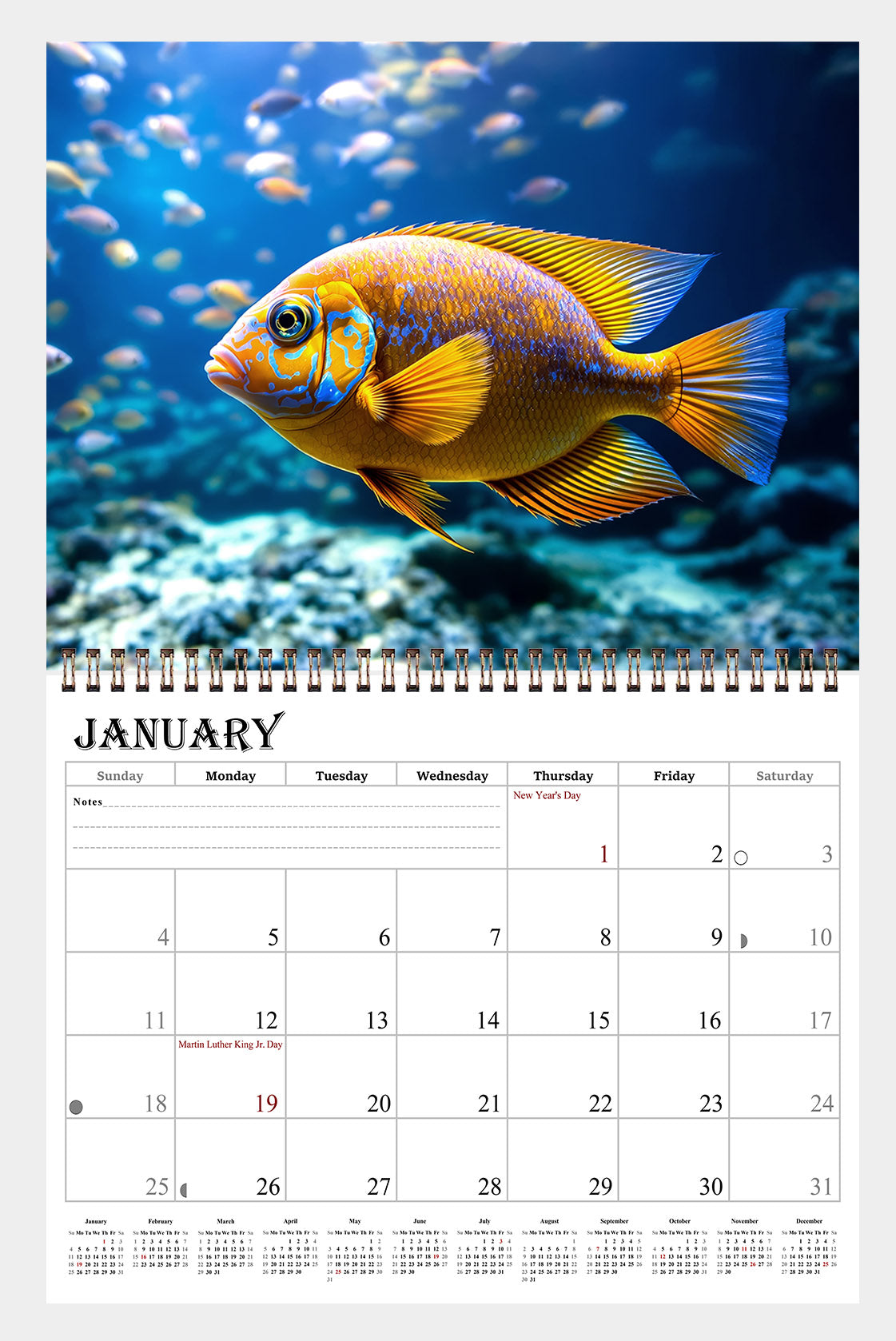 2026 Spiral-bound Wall Calendar (Tropical Fishes) - 12 Months Desktop/Wall Calendar/Planner