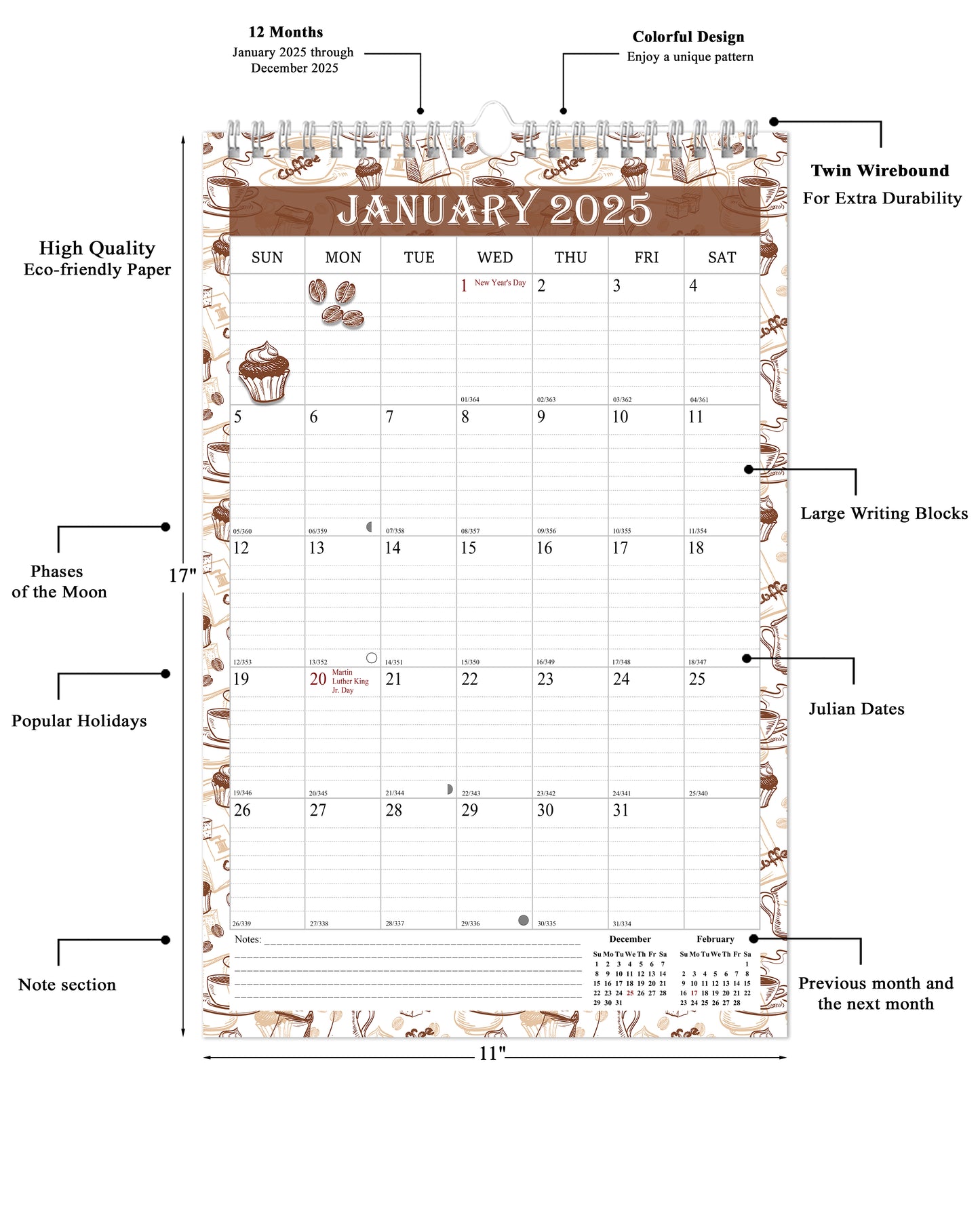 2025 Wall Calendar Spiral-Bound Twin-Wire Binding - 12 Months 10