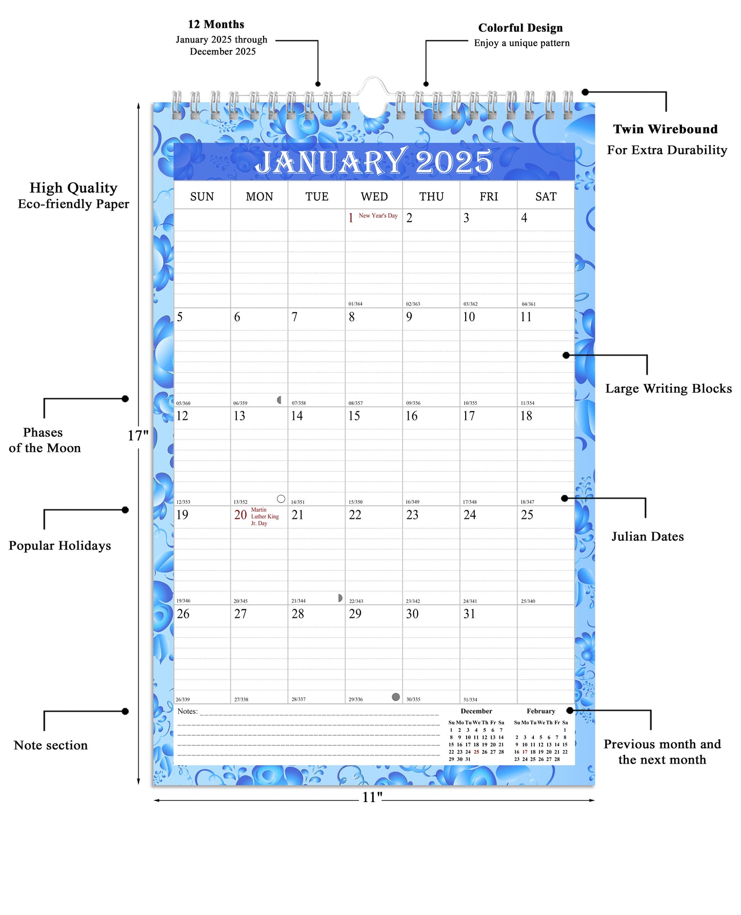 2025 Wall Calendar Spiral-Bound Twin-Wire Binding - 12 Months 15