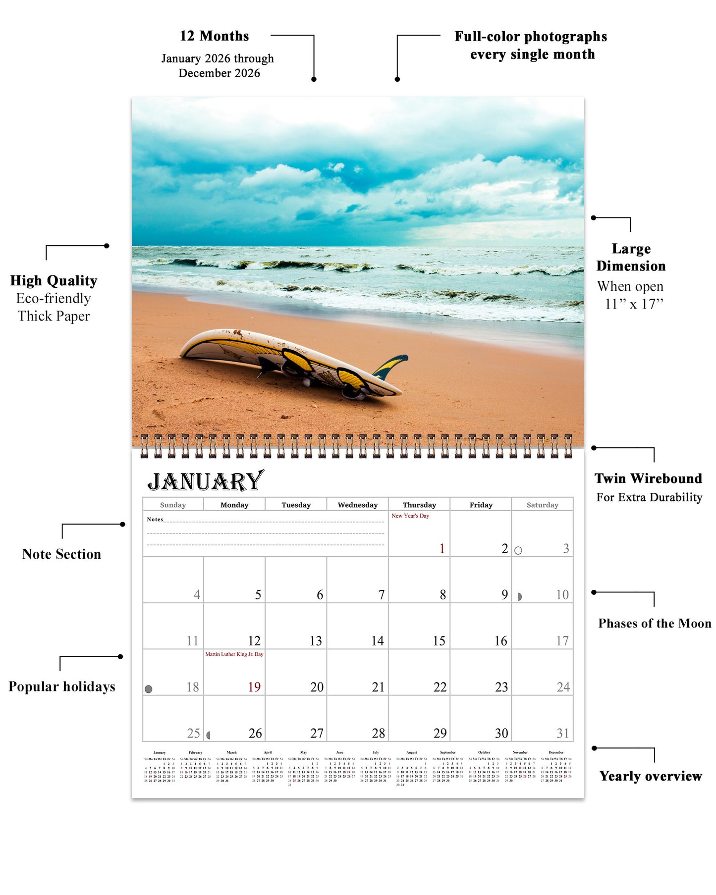 2026 Spiral-bound Wall Calendar (Beaches) - 12 Months Desktop/Wall Calendar/Planner