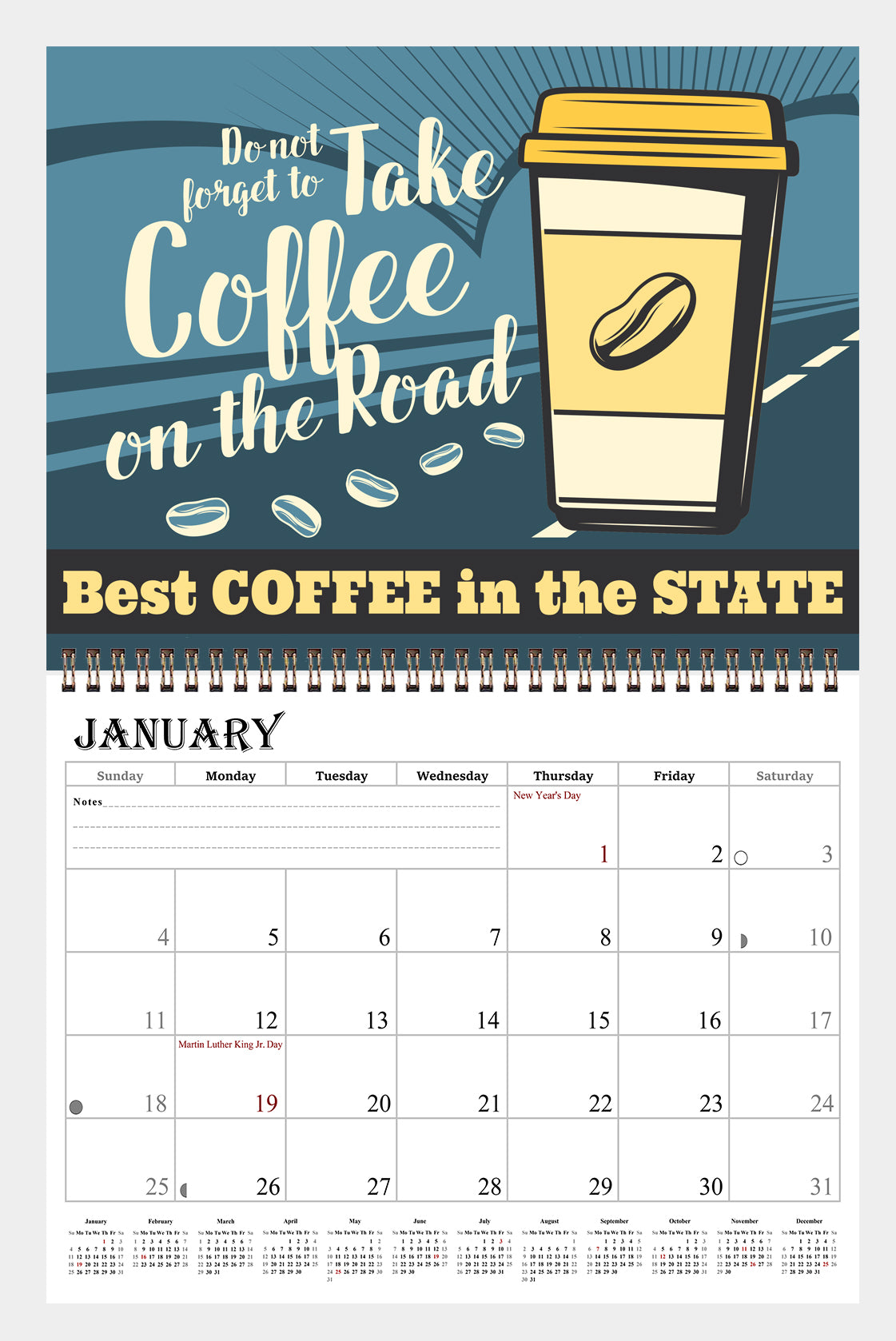 2026 Spiral-bound Wall Calendar (Coffee) - 12 Months Desktop/Wall Calendar/Planner