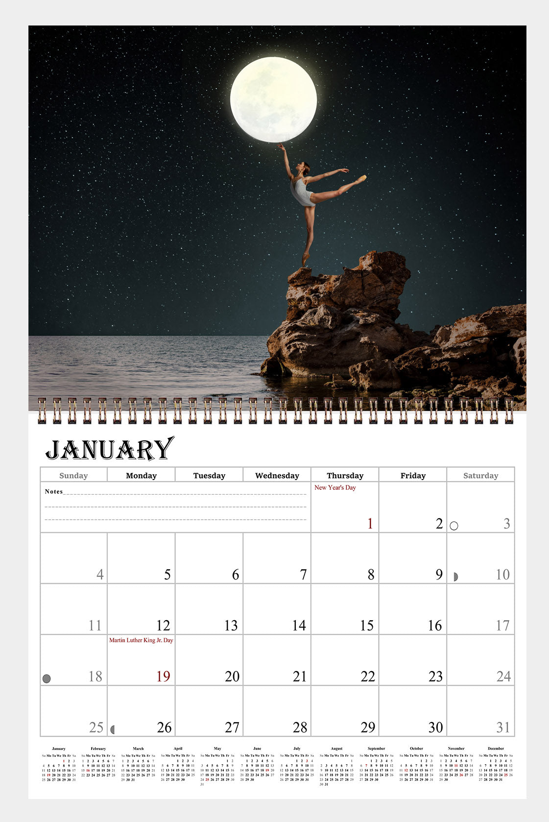2026 Spiral-bound Wall Calendar (Moons) - 12 Months Desktop/Wall Calendar/Planner