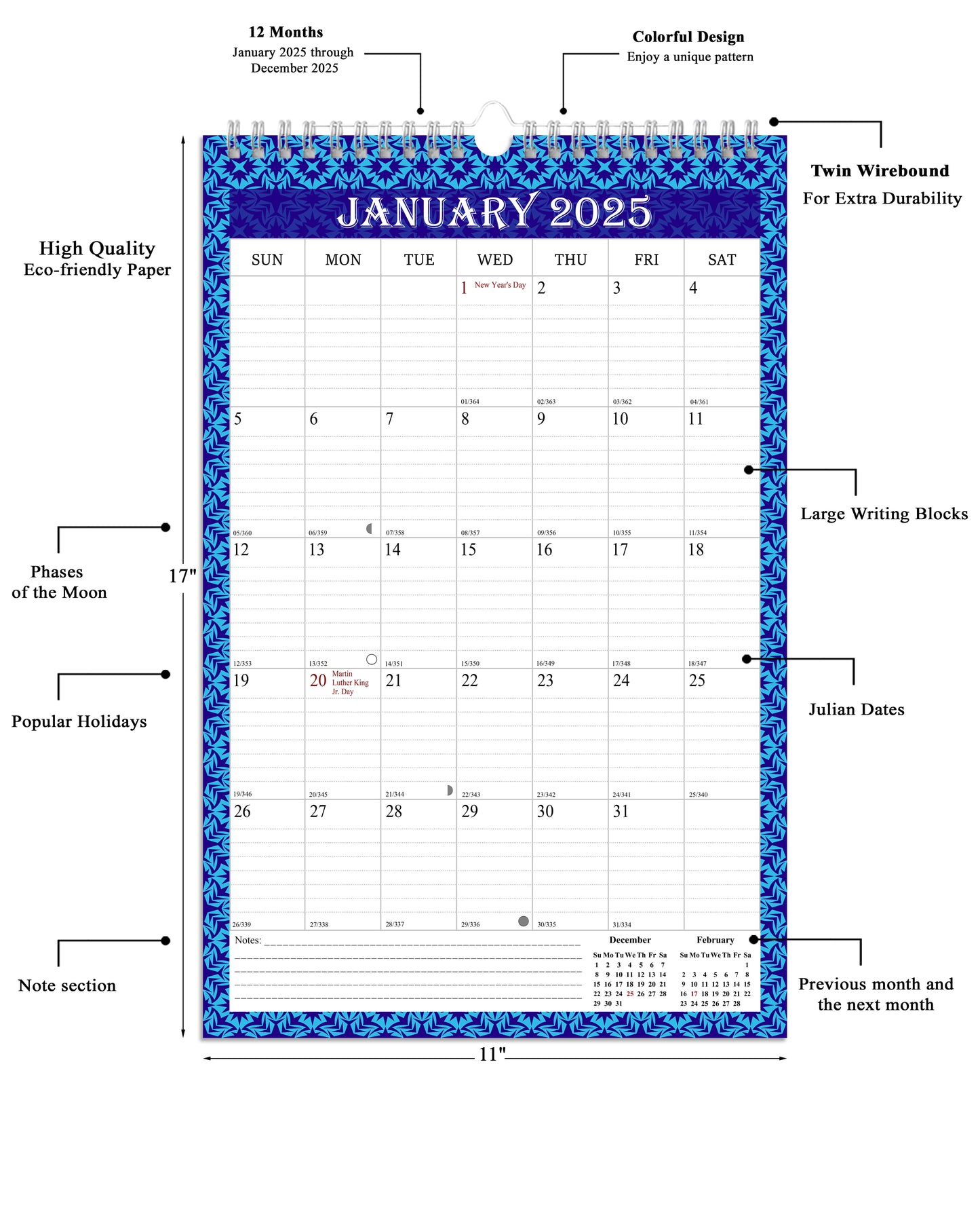 2025 Wall Calendar Spiral-Bound Twin-Wire Binding - 12 Months 14