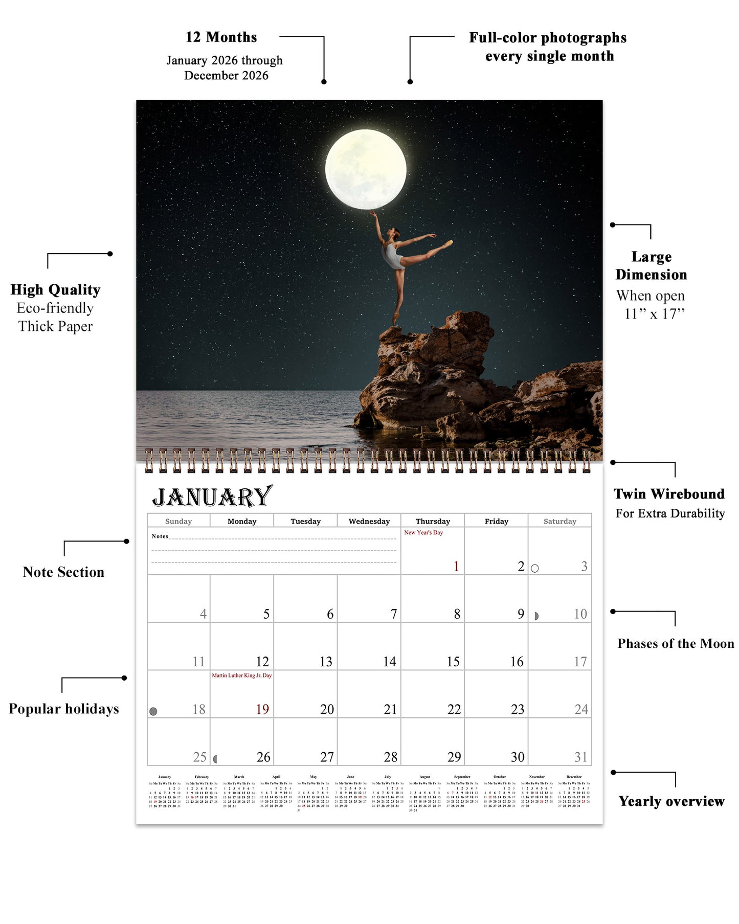 2026 Spiral-bound Wall Calendar (Moons) - 12 Months Desktop/Wall Calendar/Planner