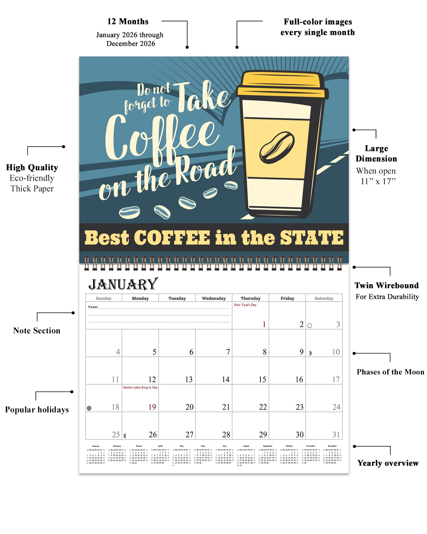 2026 Spiral-bound Wall Calendar (Coffee) - 12 Months Desktop/Wall Calendar/Planner