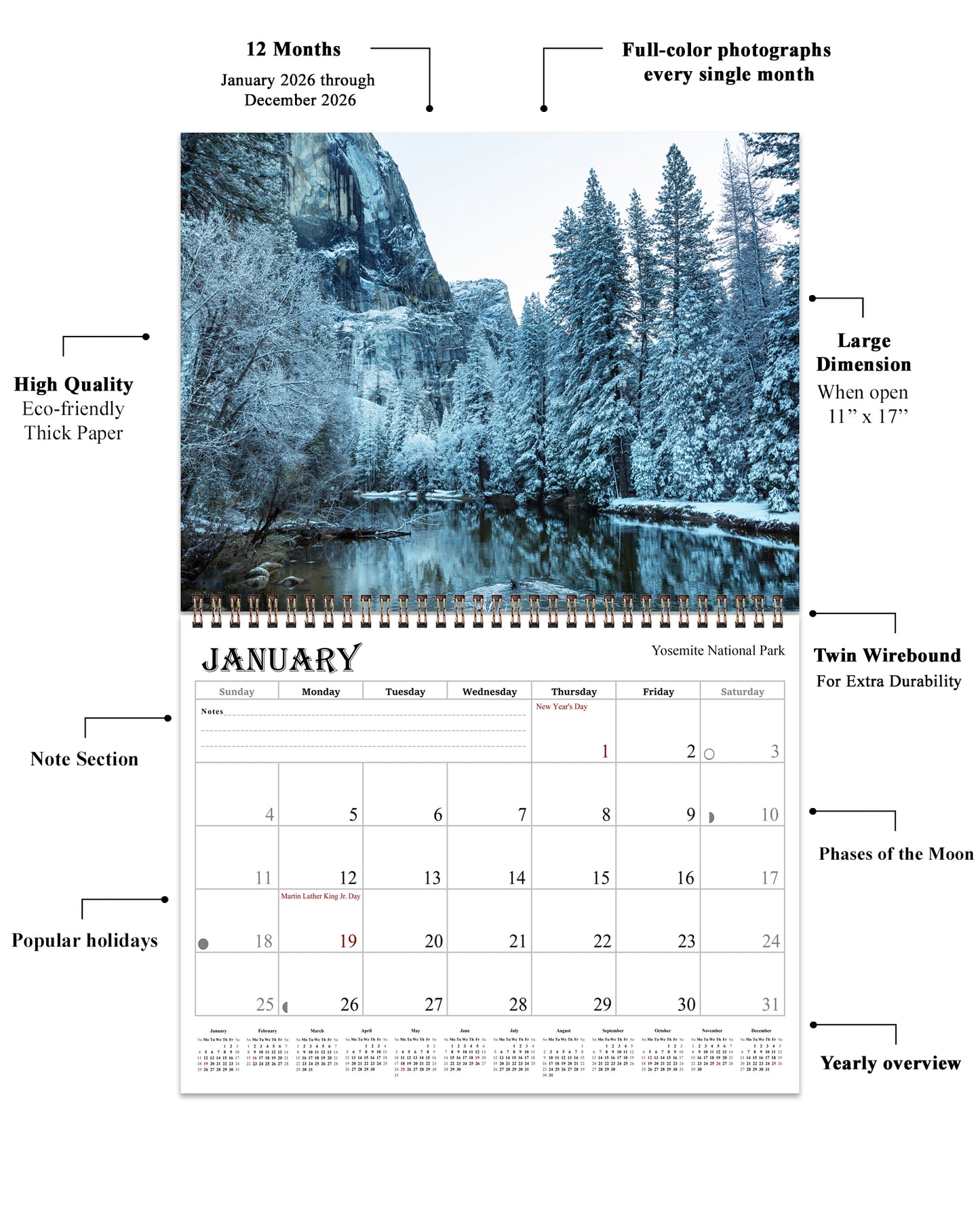 2026 Spiral-bound Wall Calendar (National Park) - 12 Months Desktop/Wall Calendar/Planner