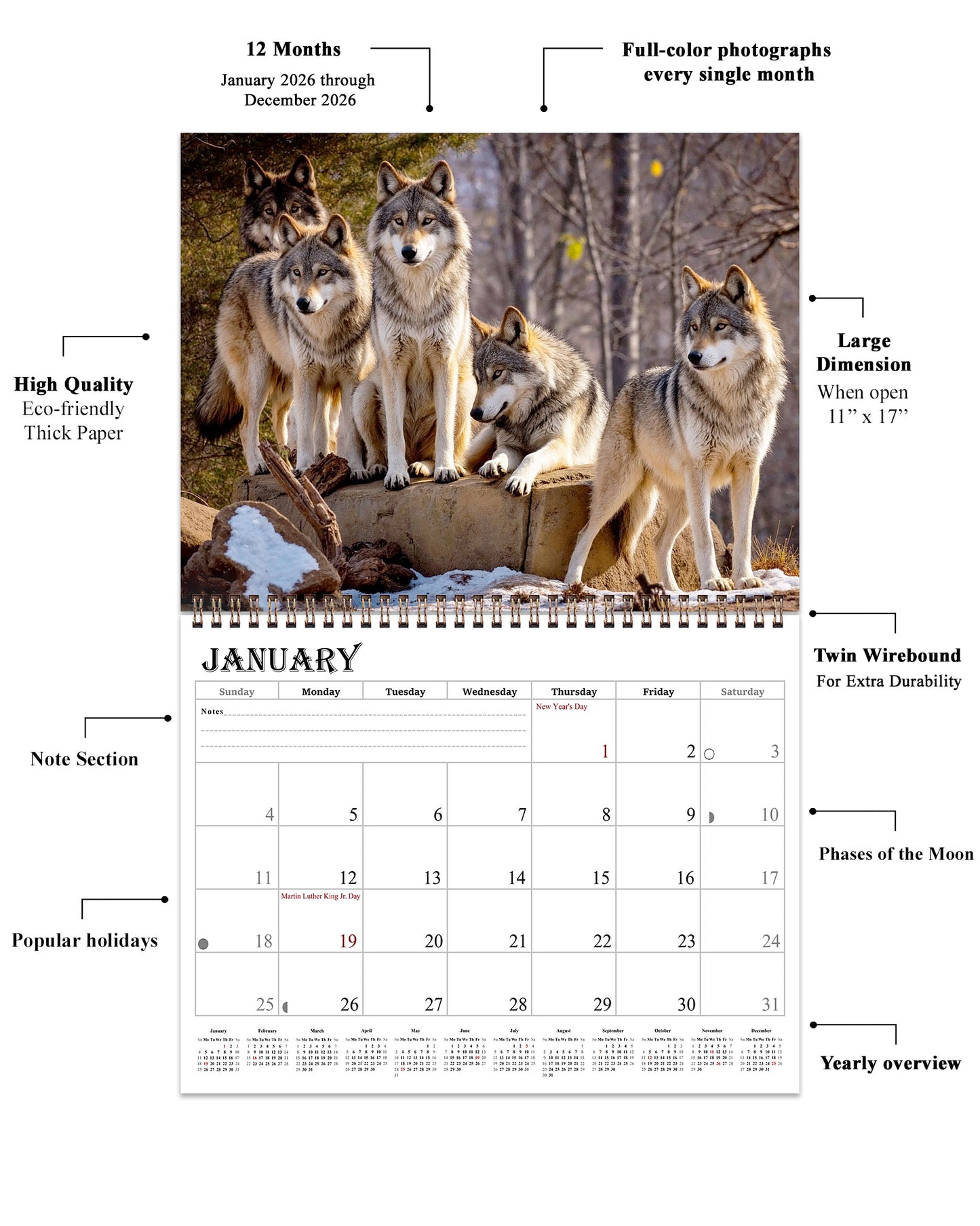 2026 Spiral-bound Wall Calendar (Wolves) - 12 Months Desktop/Wall Calendar/Planner