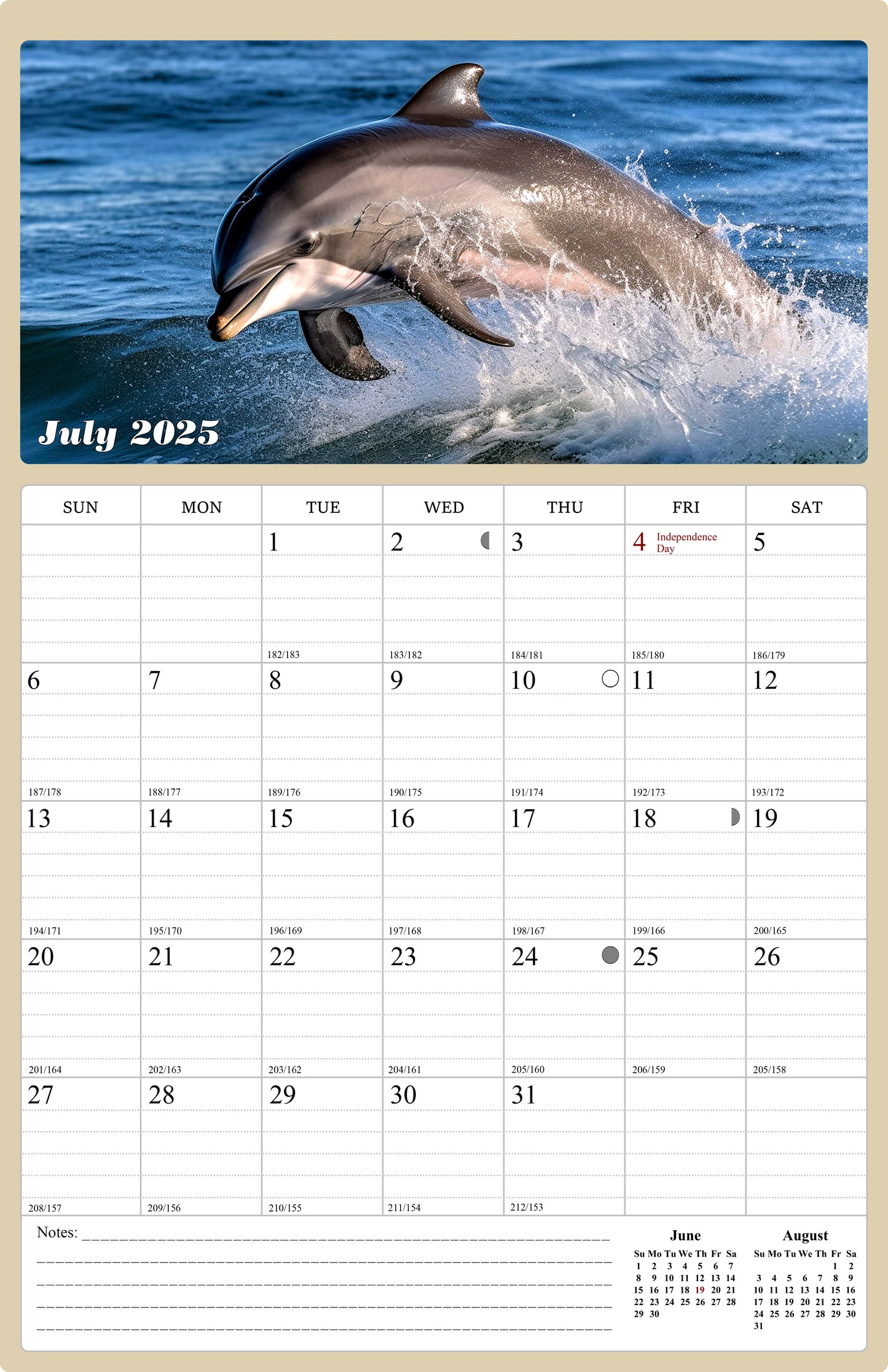 2025 - 2026 Wall Calendar Spiral-bound Twin-Wire Binding - 18 Months Planner - Large Ruled Blocks with Julian Dates - (Dolphins)