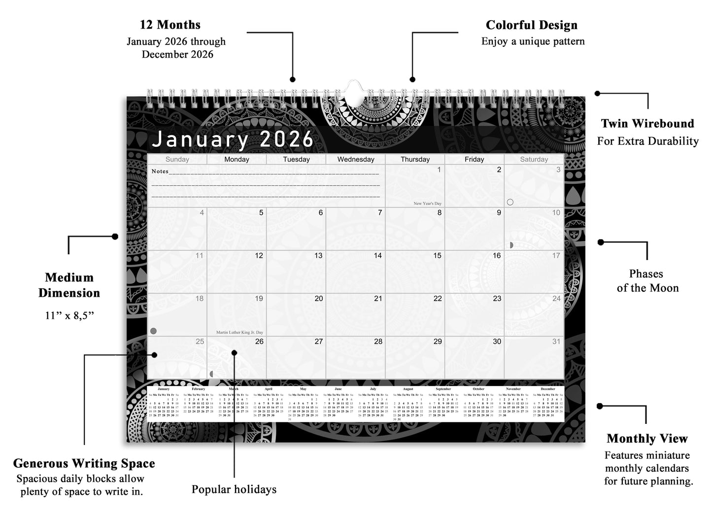 2025-2026 Monthly Spiral-Bound Wall/Desk Calendar - Desktop/Wall Blotter Calendar/Planner - (Edition B&W #012)