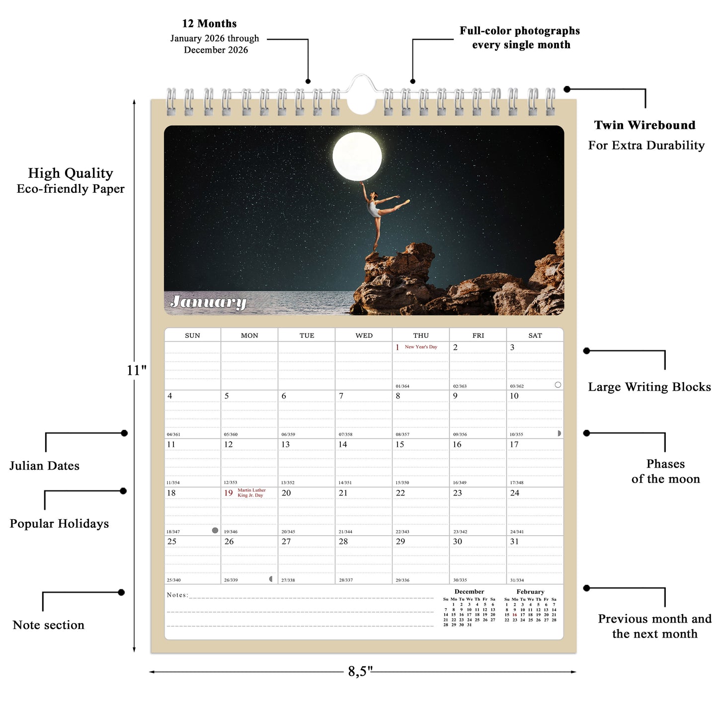 2026 Wall Calendar Spiral-bound Twin-Wire Binding - 12 Months Planner - Large Ruled Blocks with Julian Dates - (Lunar)