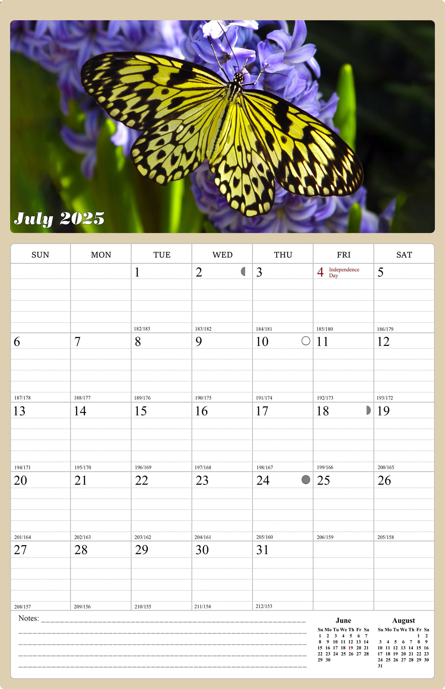 2025 - 2026 Wall Calendar Spiral-bound Twin-Wire Binding - 18 Months Planner - Large Ruled Blocks with Julian Dates - (Buterflyes)