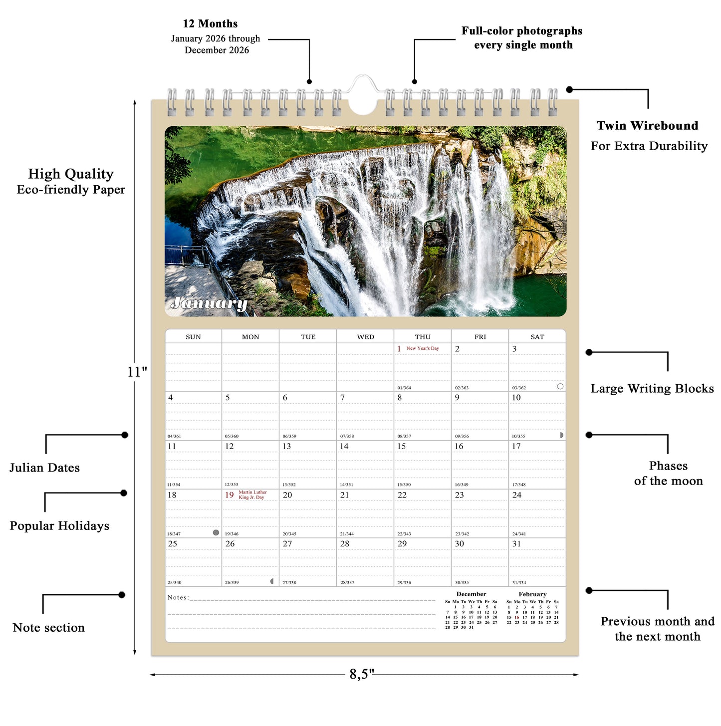 2026 Wall Calendar Spiral-bound Twin-Wire Binding - 12 Months Planner - Large Ruled Blocks with Julian Dates - (Waterfalls)
