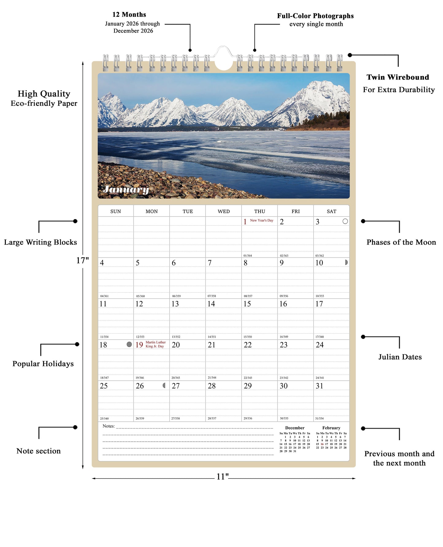 2026 Wall Calendar Spiral-bound Twin-Wire Binding - 12 Months Planner - Large Ruled Blocks with Julian Dates - (National Parks)