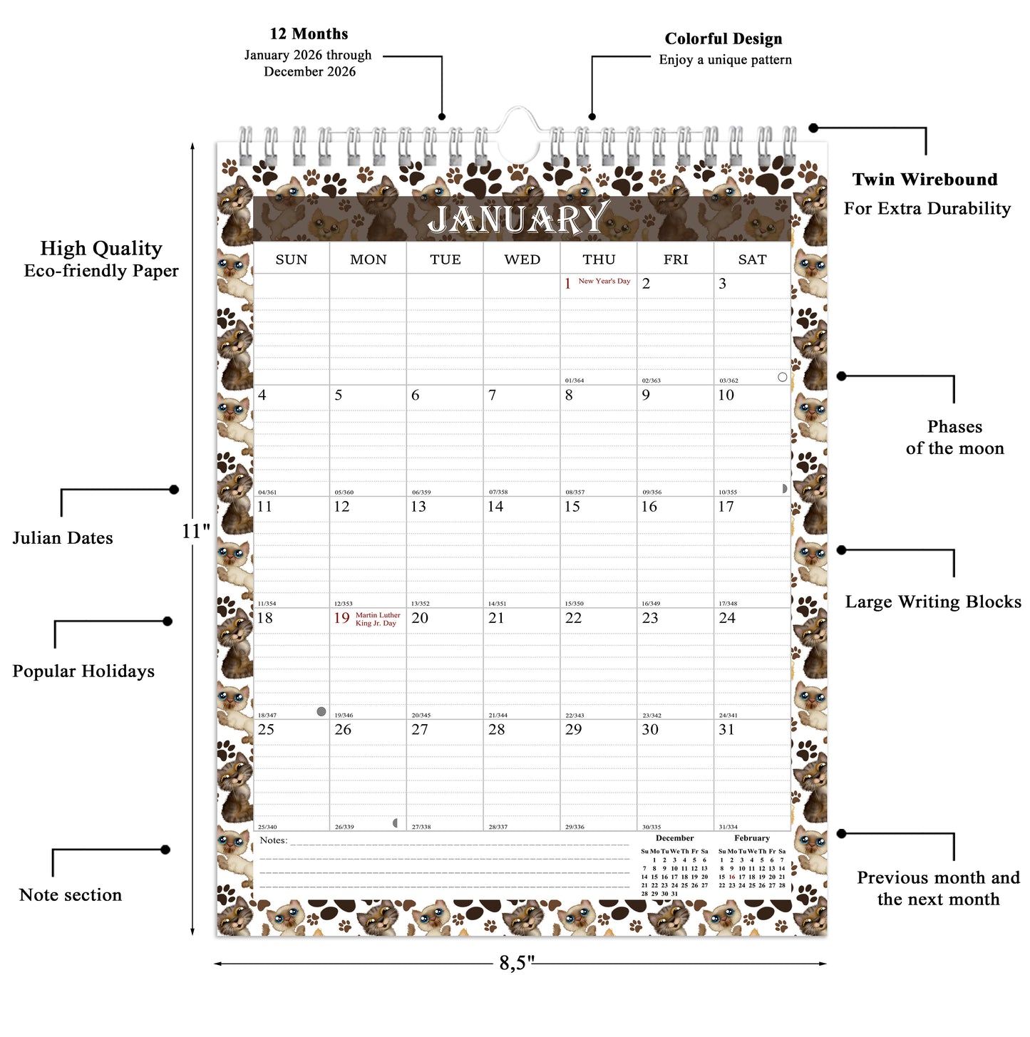 2026 Wall Calendar Spiral-Bound Twin-Wire Binding - 12 Months 17
