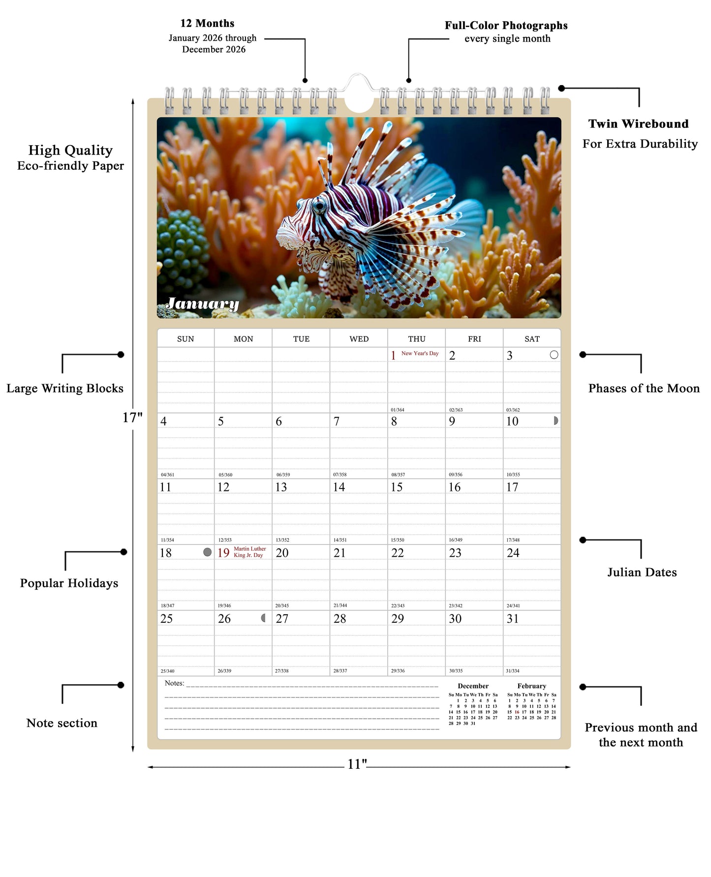 2026 Wall Calendar Spiral-bound Twin-Wire Binding - 12 Months Planner - Large Ruled Blocks with Julian Dates - (Tropical Fishes)