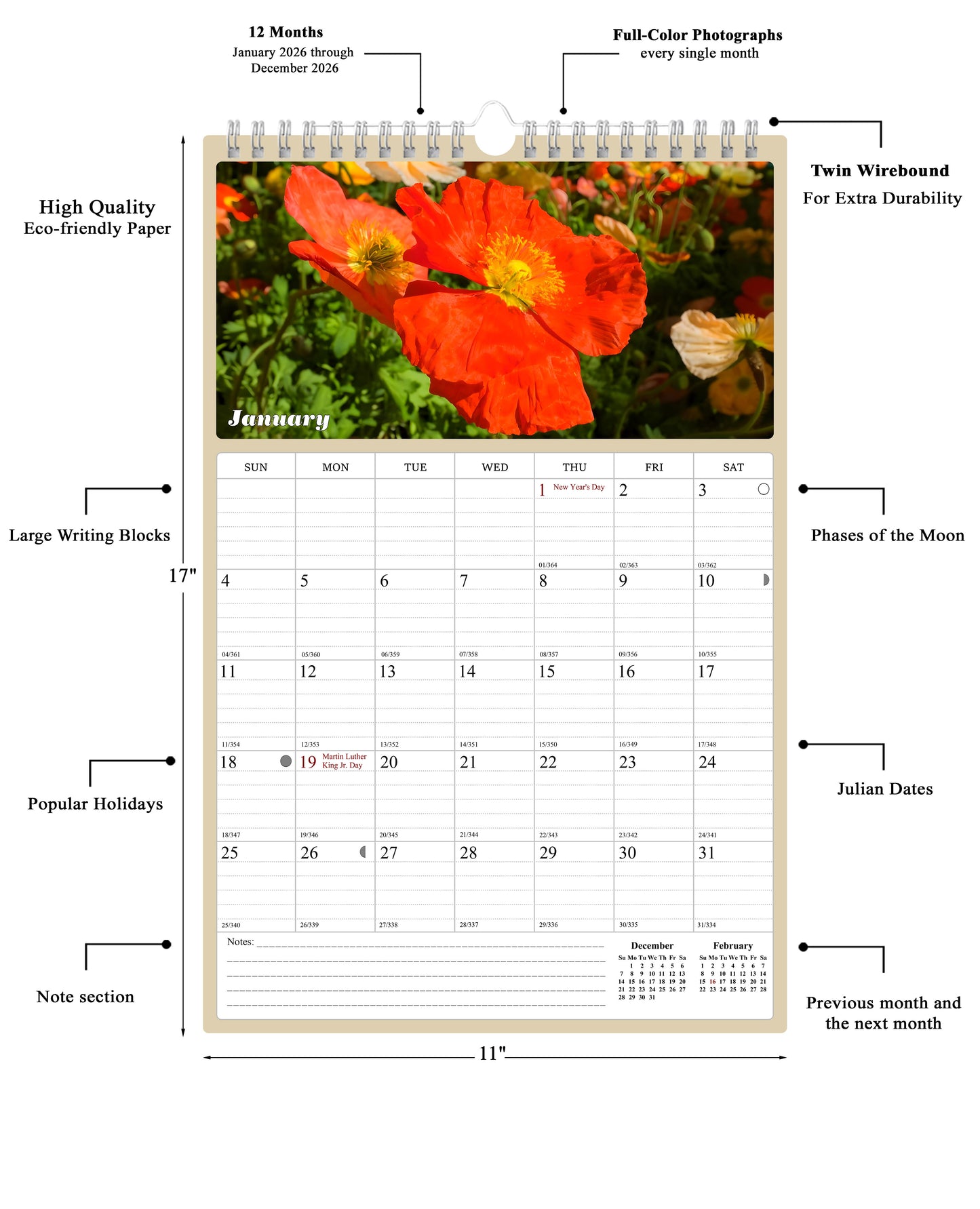 2026 Wall Calendar Spiral-bound Twin-Wire Binding - 12 Months Planner - Large Ruled Blocks with Julian Dates - (Flowers)