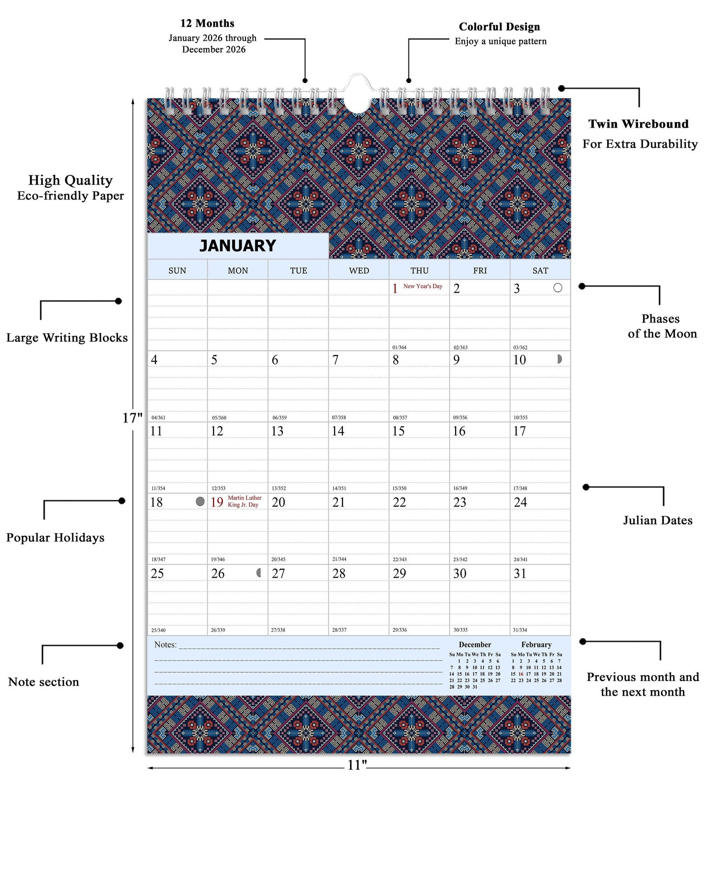 2026 Wall Calendar Spiral-Bound Twin-Wire Binding - 12 Months 18