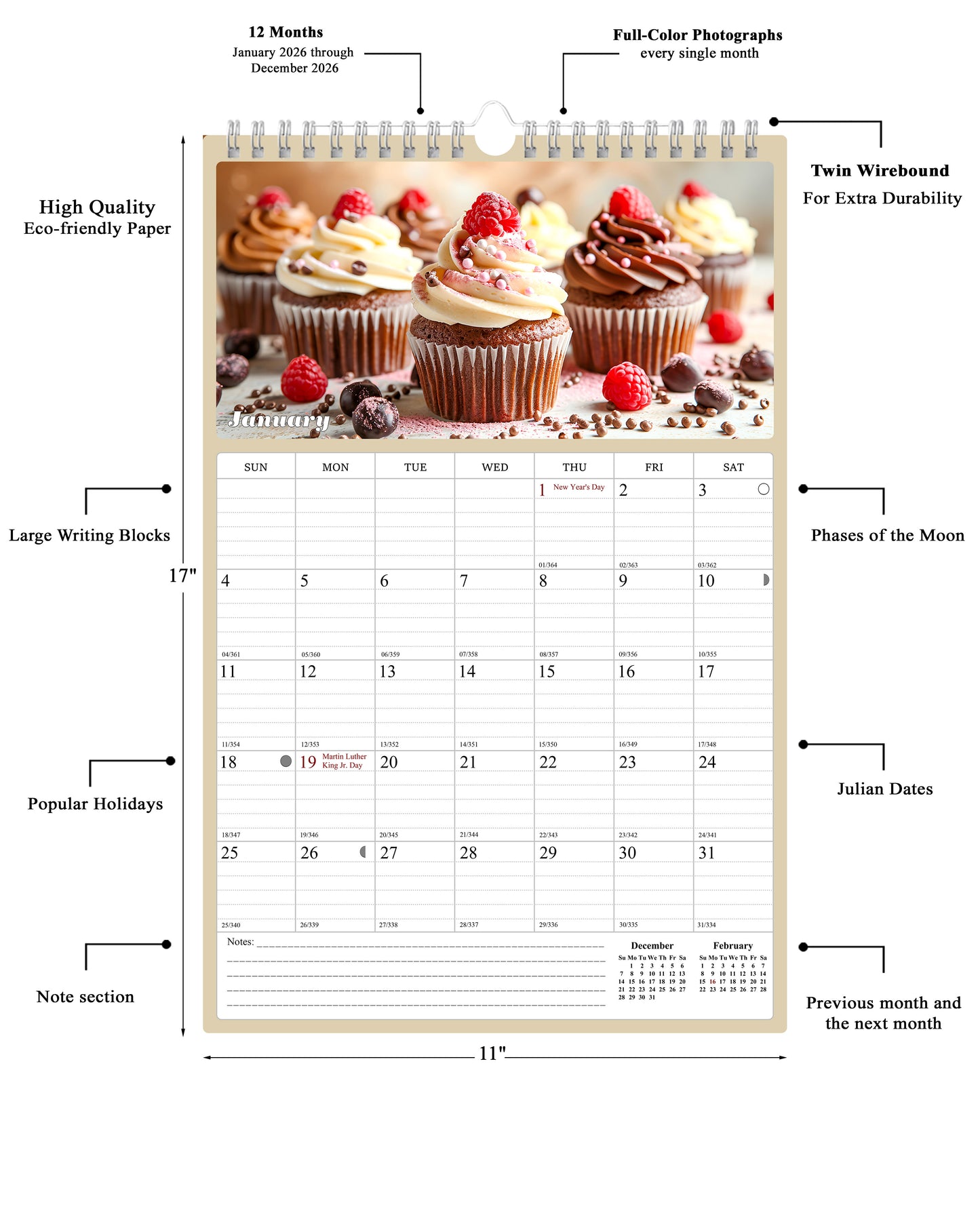 2026 Wall Calendar Spiral-bound Twin-Wire Binding - 12 Months Planner - Large Ruled Blocks with Julian Dates - (Cupcakes)