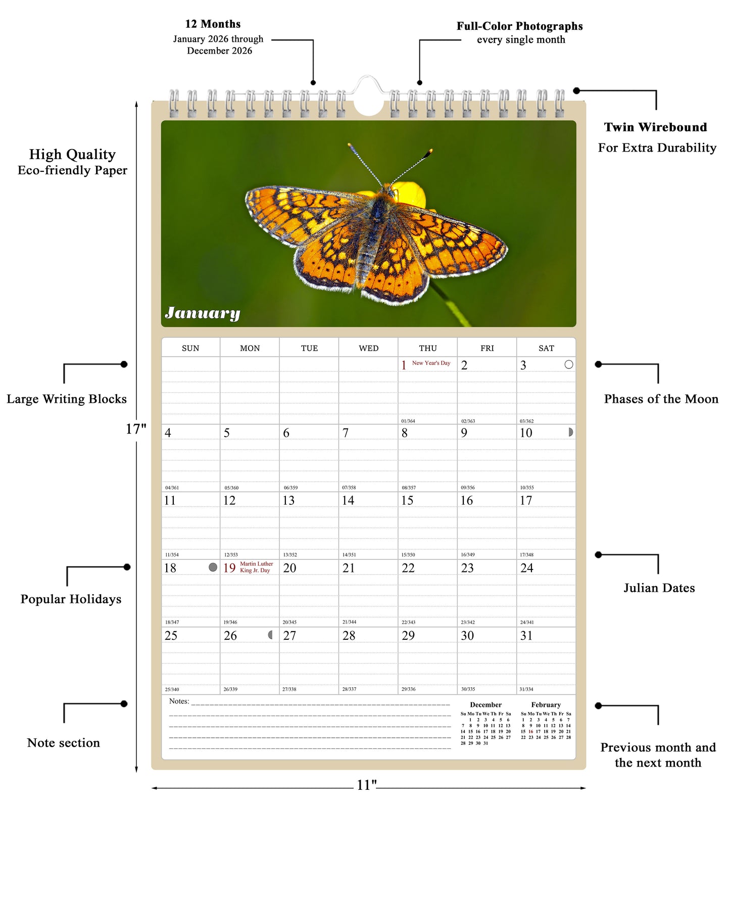 2026 Wall Calendar Spiral-bound Twin-Wire Binding - 12 Months Planner - Large Ruled Blocks with Julian Dates - (Butterfly)