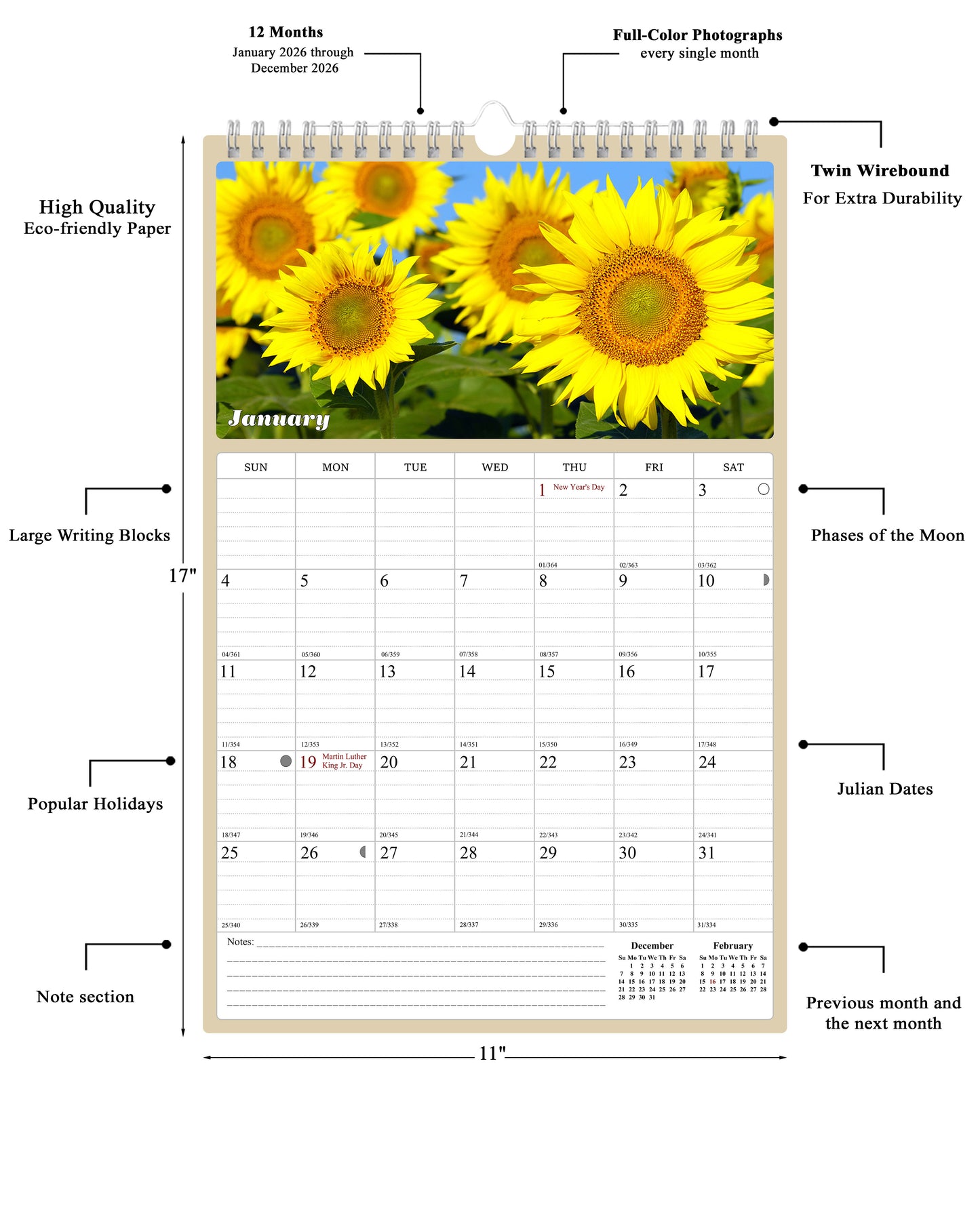2026 Wall Calendar Spiral-bound Twin-Wire Binding - 12 Months Planner - Large Ruled Blocks with Julian Dates - (Sunflowers)