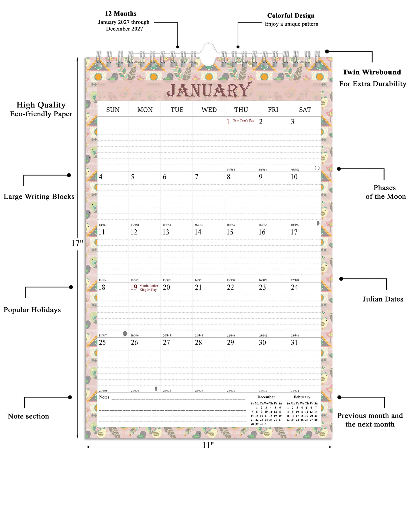 2027 Wall Calendar Spiral-Bound Twin-Wire Binding - 12 Months 16