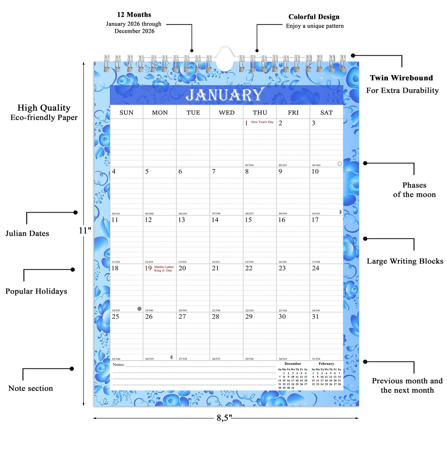 2026 Wall Calendar Spiral-Bound Twin-Wire Binding - 12 Months 15