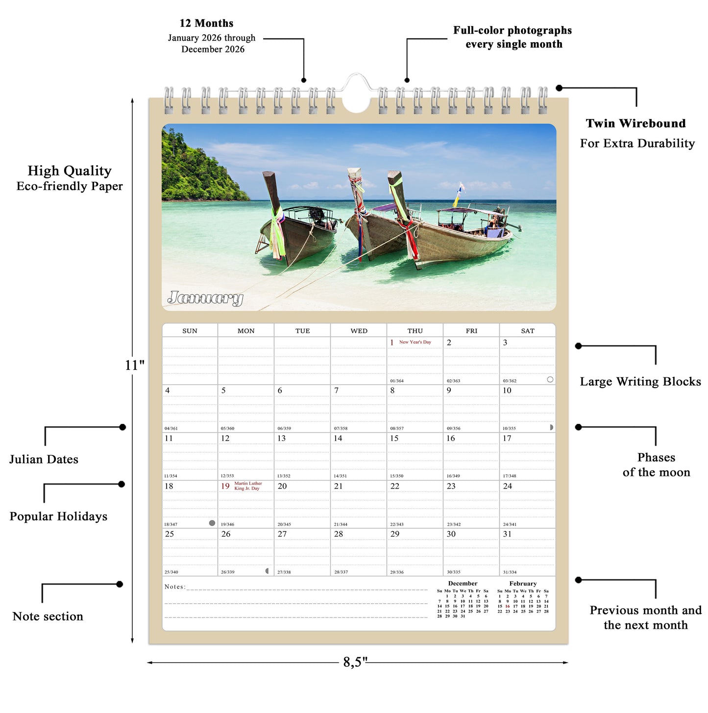 2026 Wall Calendar Spiral-bound Twin-Wire Binding - 12 Months Planner - Large Ruled Blocks with Julian Dates - (Beaches)